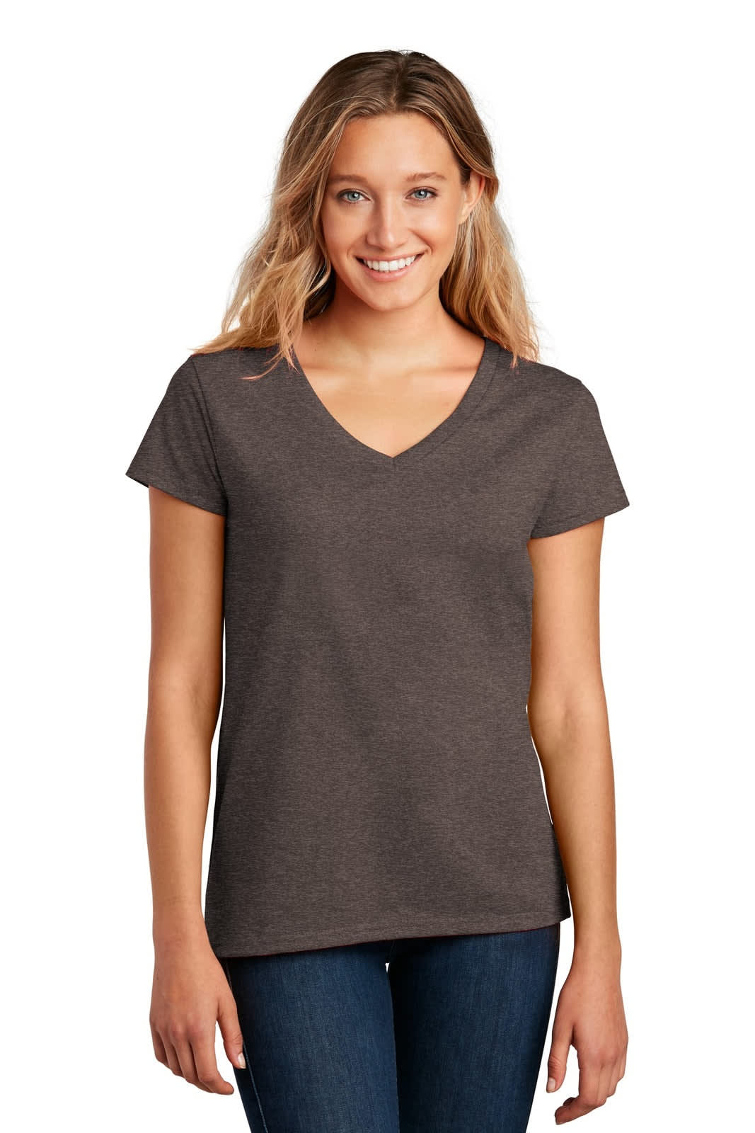 A grey v-neck t-shirt for women with short sleeves, featuring a logo and a relaxed fit.