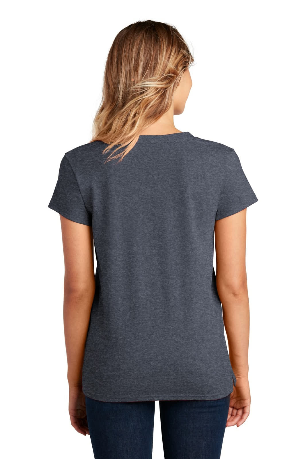 A grey V-neck t-shirt for women, featuring a back view and a fitted style. It has a logo on the back.