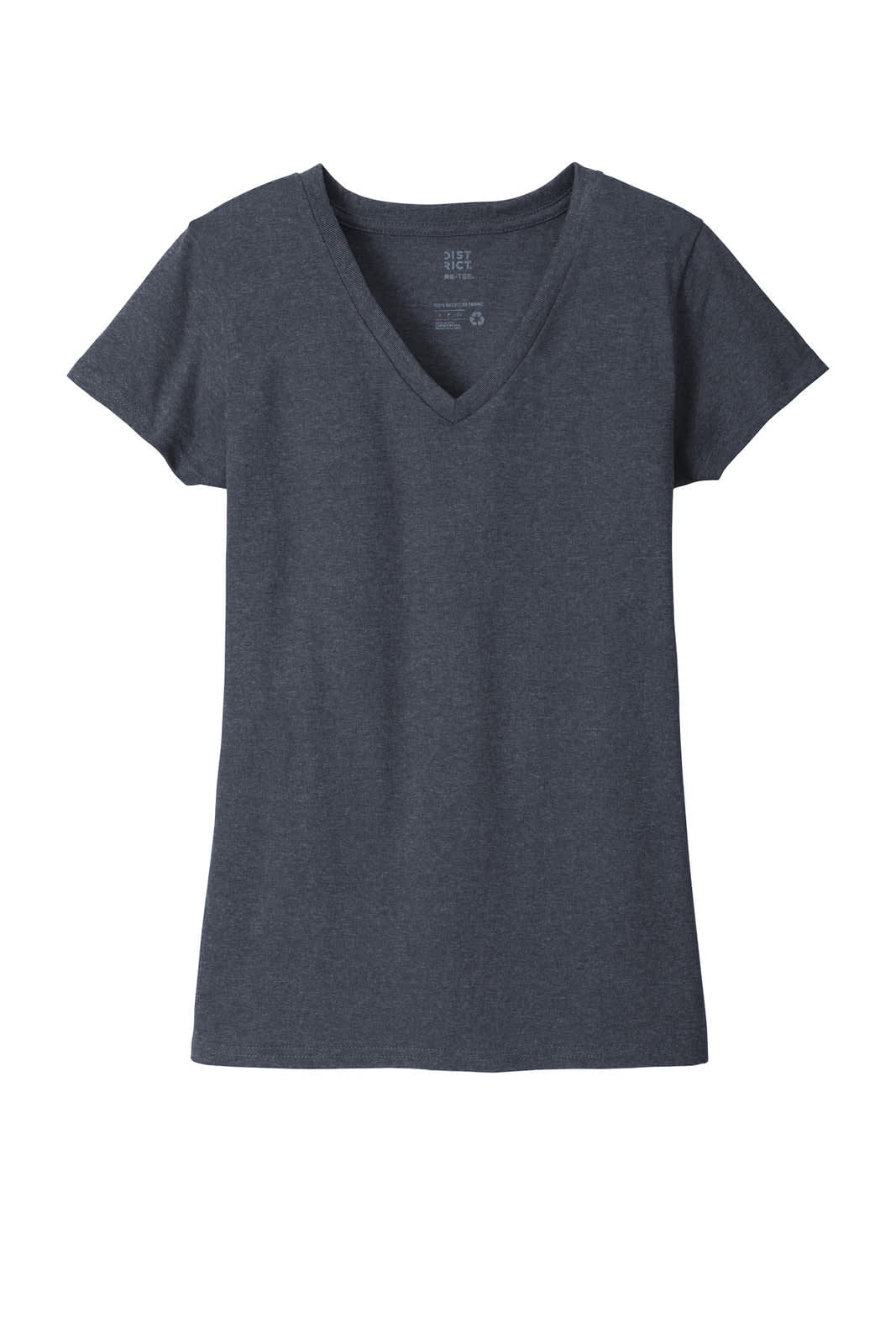 A V-neck T-shirt in dark grey, featuring short sleeves and a simple design. It includes branding on the label.