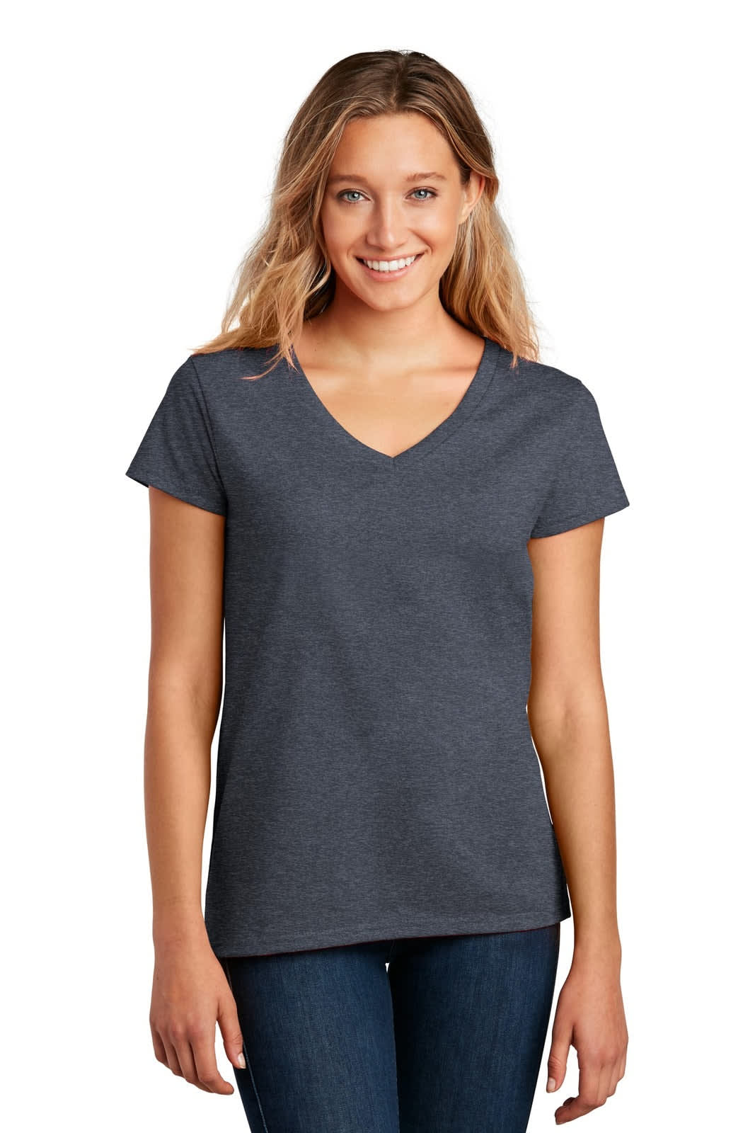 A dark grey women's V-neck t-shirt featuring short sleeves and a relaxed fit. The shirt has a logo.