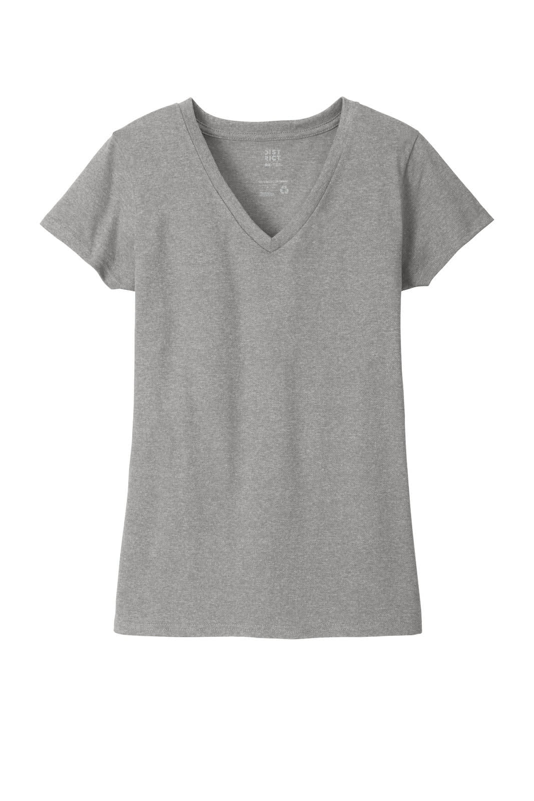 A grey V-neck women's t-shirt with short sleeves and a logo.