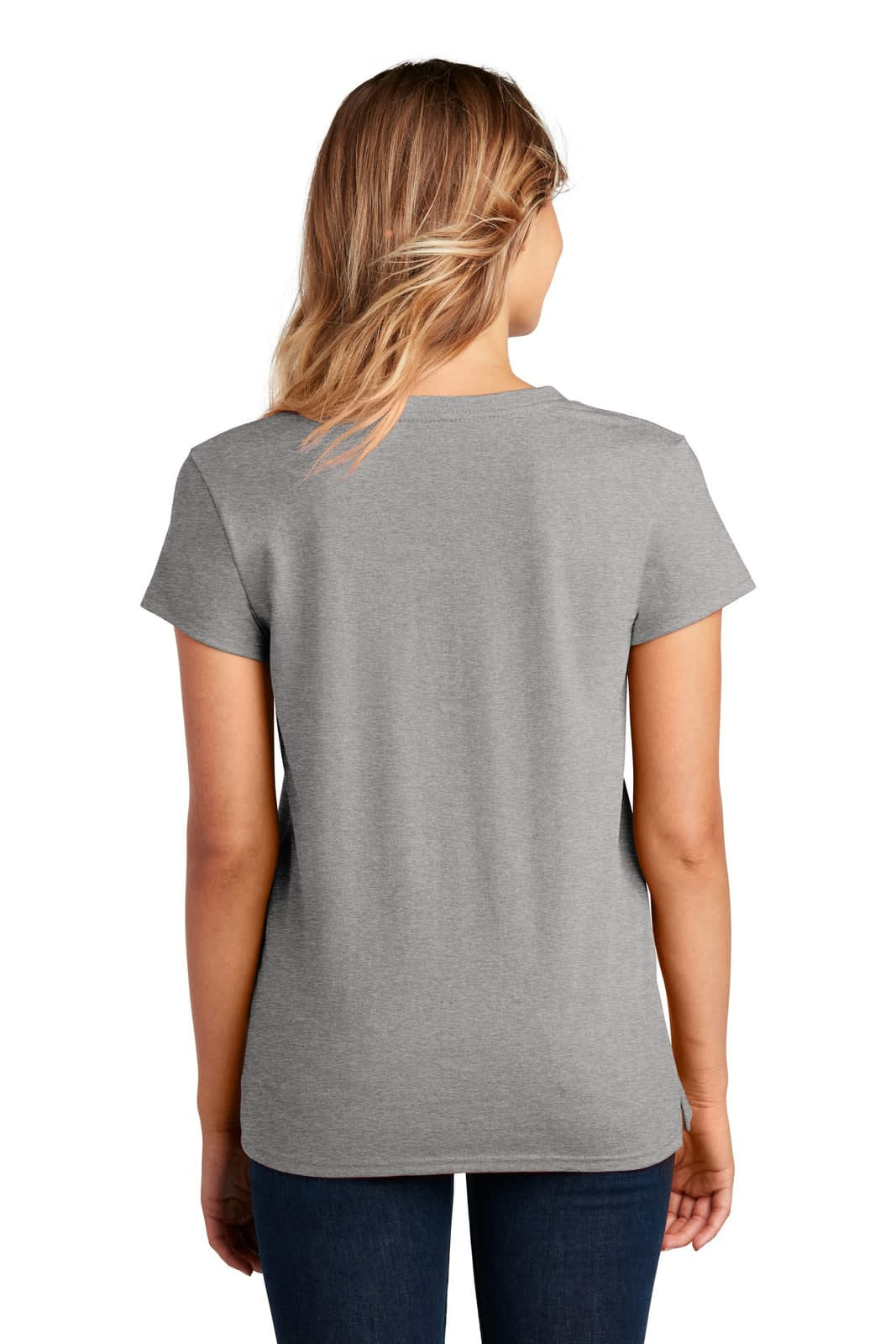 A grey V-neck t-shirt for women, featuring short sleeves and a fitted design. The back view is presented.