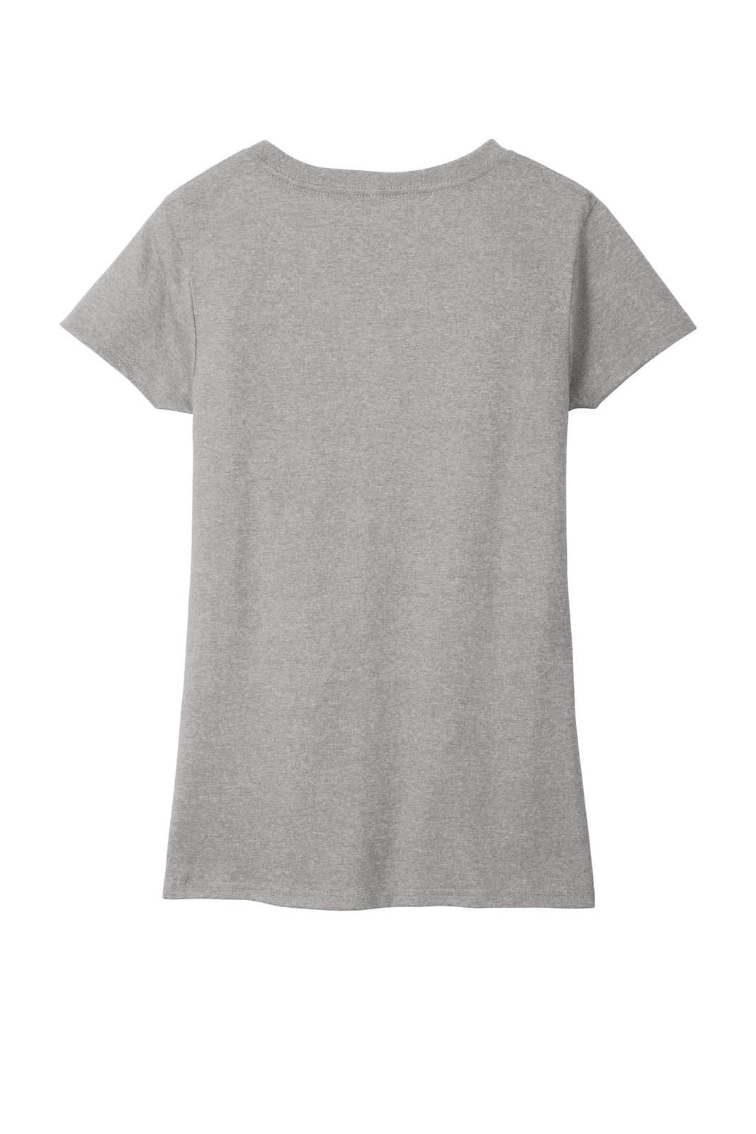 A V-neck women's t-shirt in grey, featuring a simple design and short sleeves, with a logo on the back.