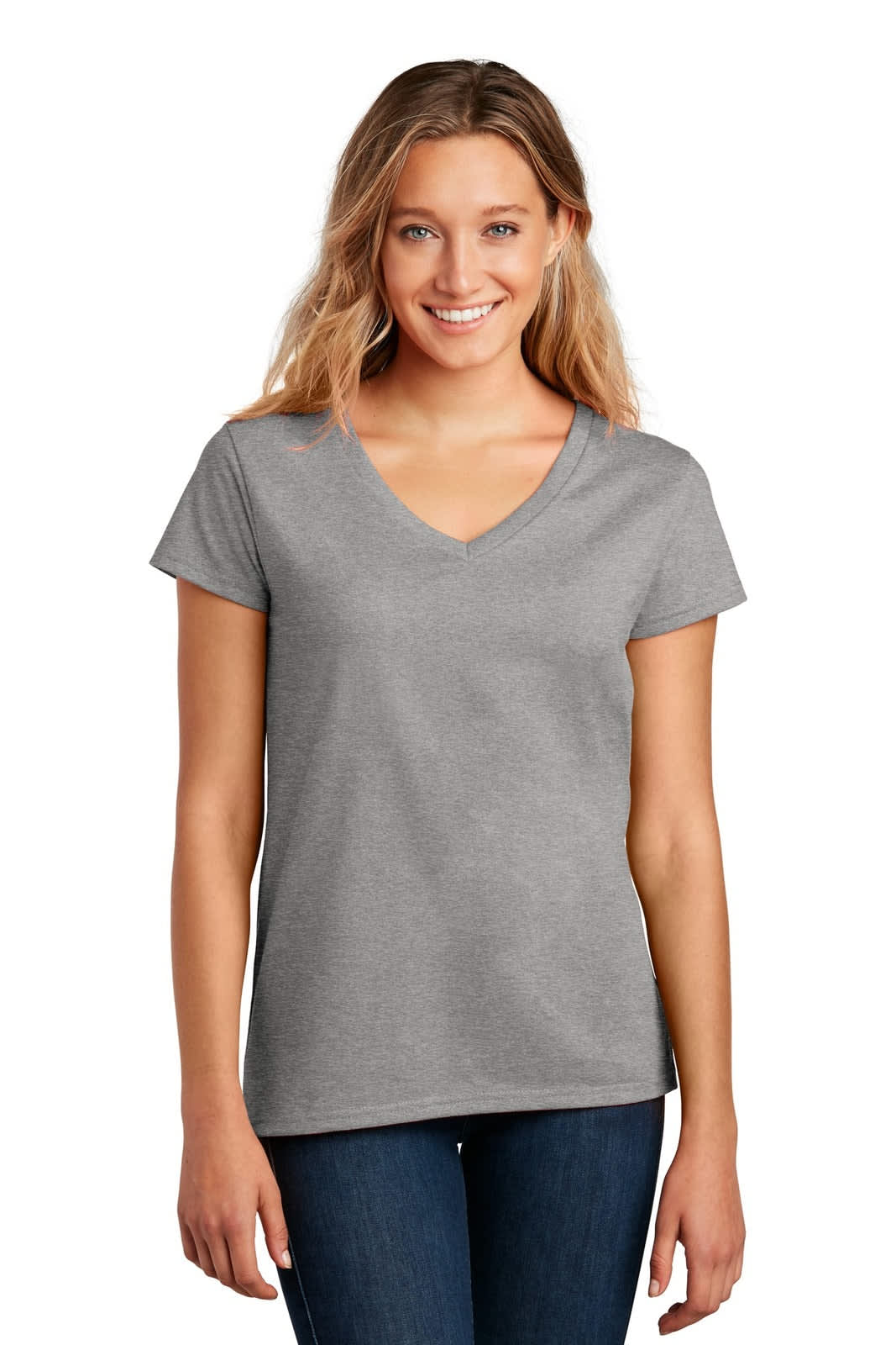 A women's v-neck t-shirt in grey, featuring short sleeves and a slim fit. It has a logo on the front.