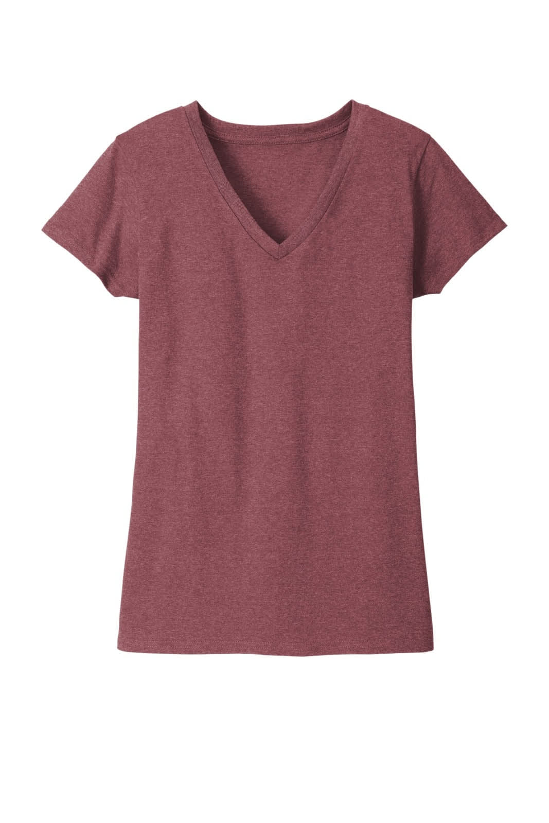 A maroon women's v-neck t-shirt with short sleeves and a fitted design. It features a logo on the front.