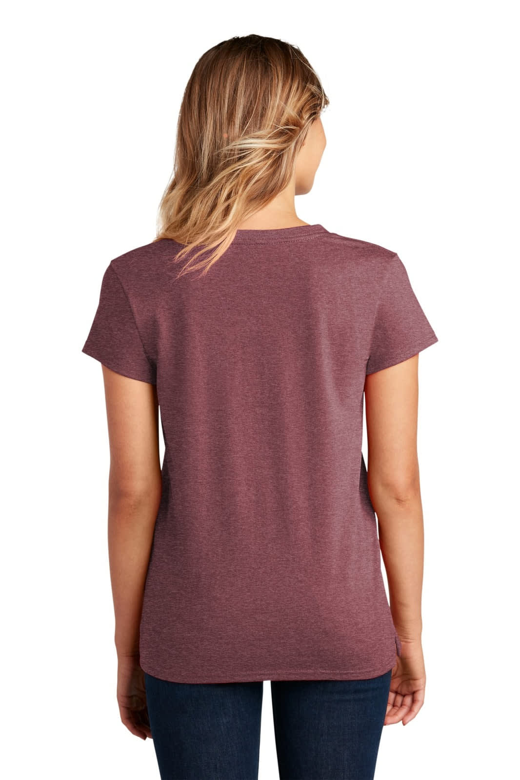 A woman wearing a maroon V-neck T-shirt, viewed from the back, featuring short sleeves and a fitted style.
