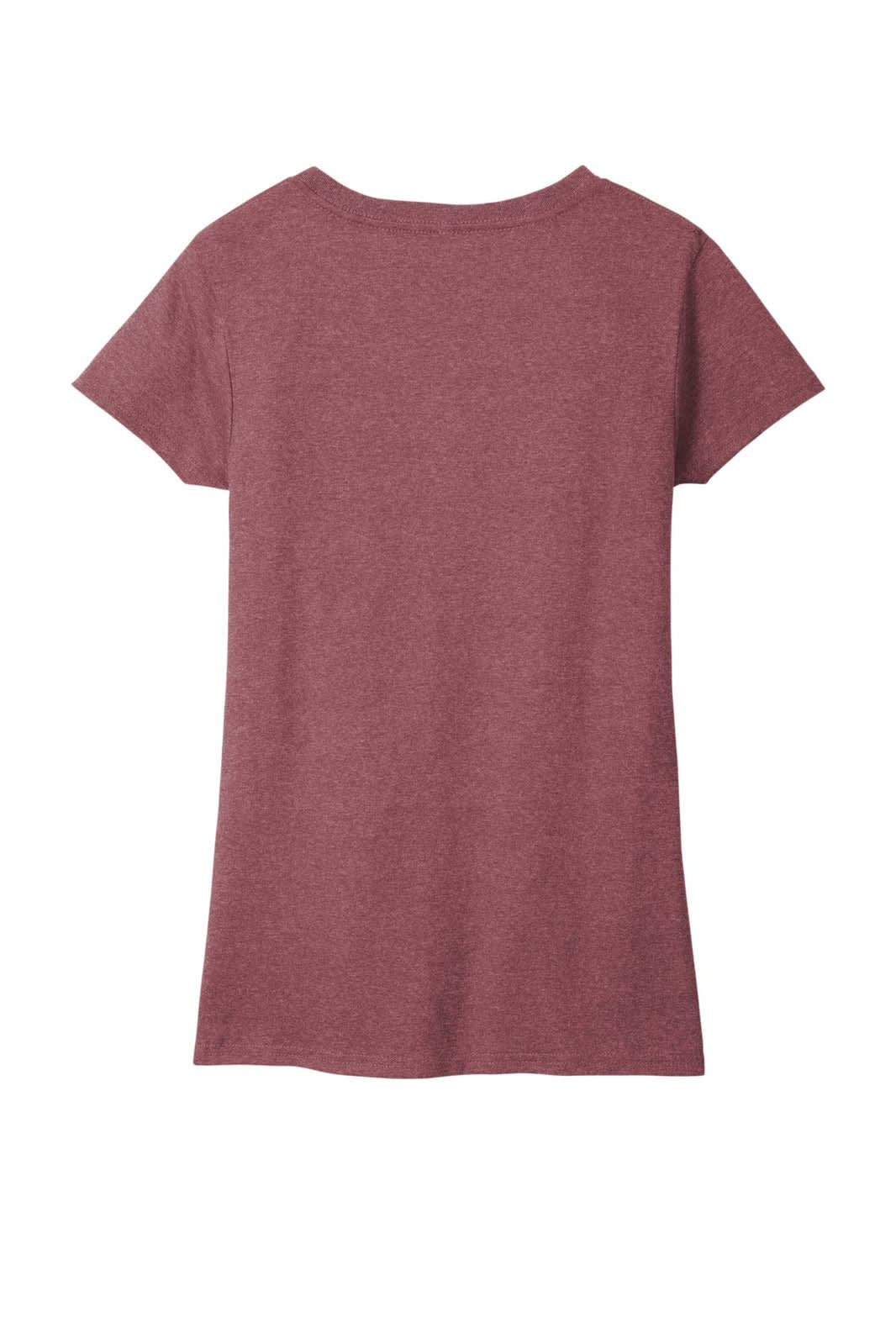 A burgundy v-neck women's t-shirt with short sleeves, featuring a logo on the back.
