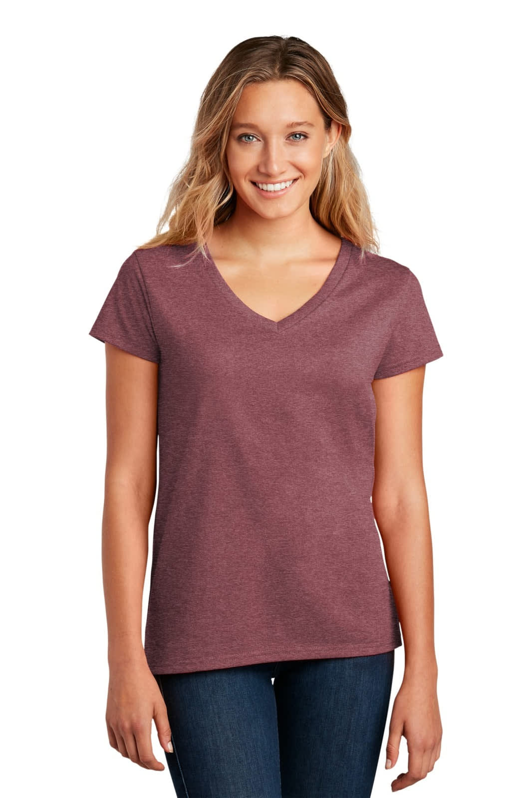 A maroon women's V-neck t-shirt with short sleeves, featuring a subtle texture and a logo on the label.