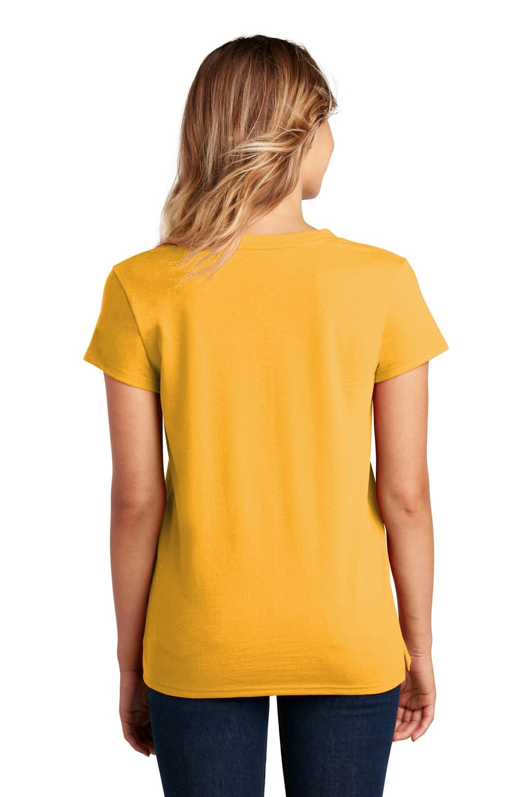 A yellow women's v-neck t-shirt with a back view, featuring a fitted shape and short sleeves.