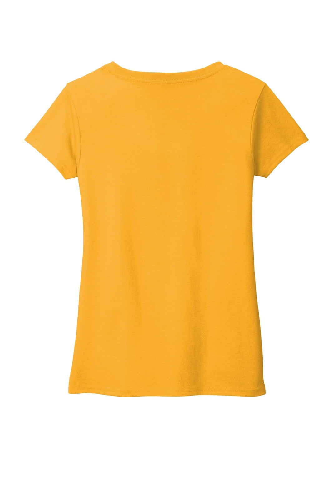 A yellow women's V-neck t-shirt with short sleeves and a relaxed fit, featuring a branding logo.