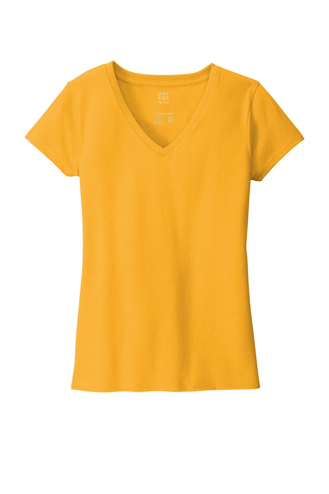 A yellow V-neck T-shirt with short sleeves and a fitted design. It features a small logo on the inner label.