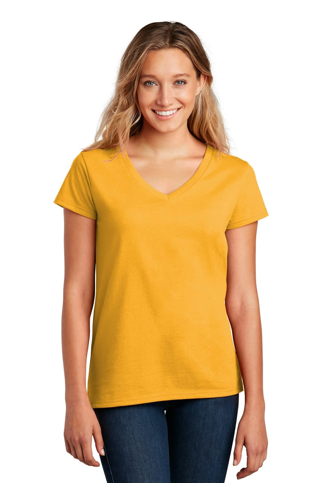 A yellow V-neck T-shirt for women, featuring a casual style and a logo on the front.