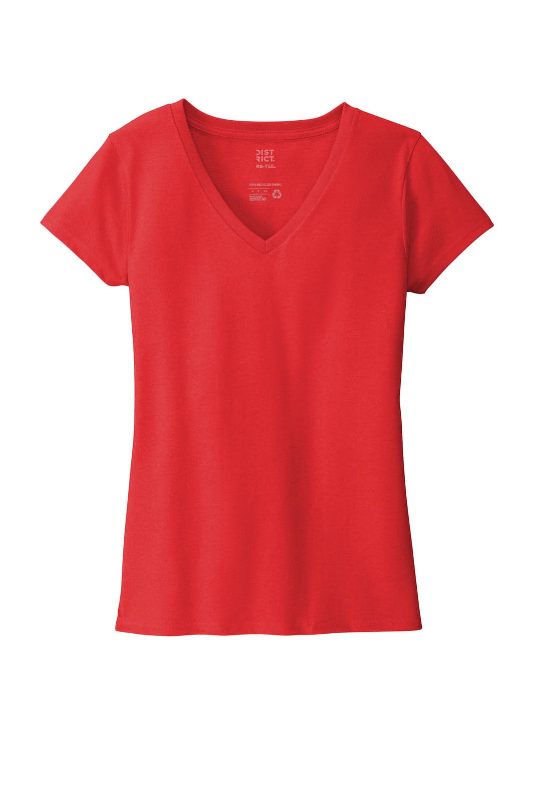 A red women's v-neck t-shirt with short sleeves, featuring a logo.