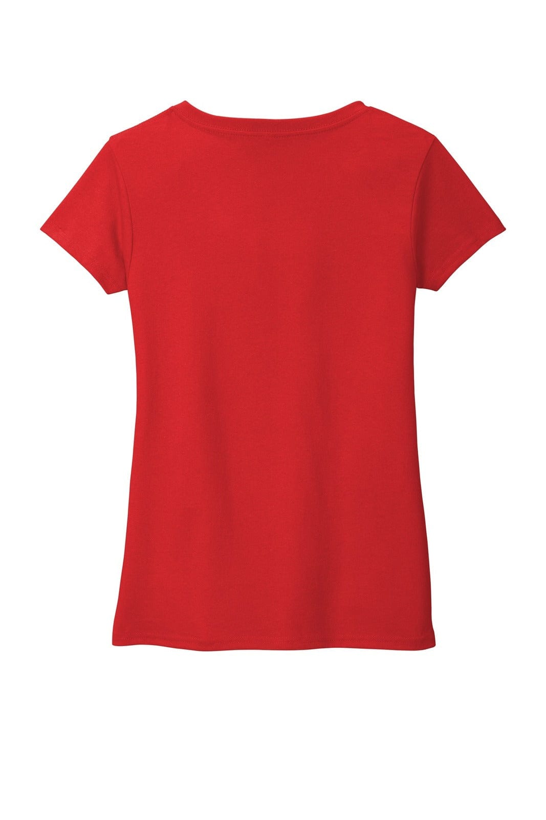 A red v-neck t-shirt for women, featuring a short sleeve design and a plain back. It includes a logo.