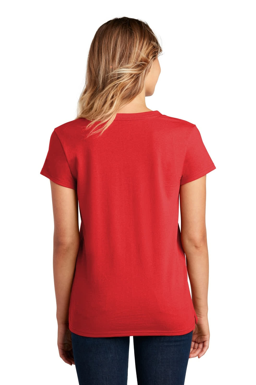 A red women's V-neck t-shirt, showcased from the back, featuring short sleeves and a fitted design.