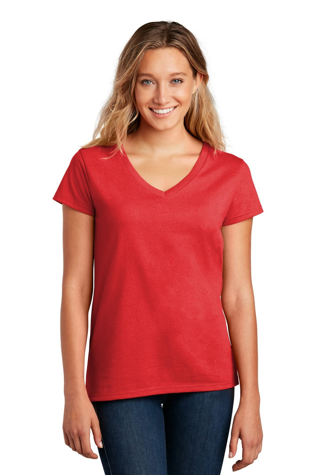 A red v-neck t-shirt for women, featuring a fitted design and short sleeves. Includes a logo on the shirt.