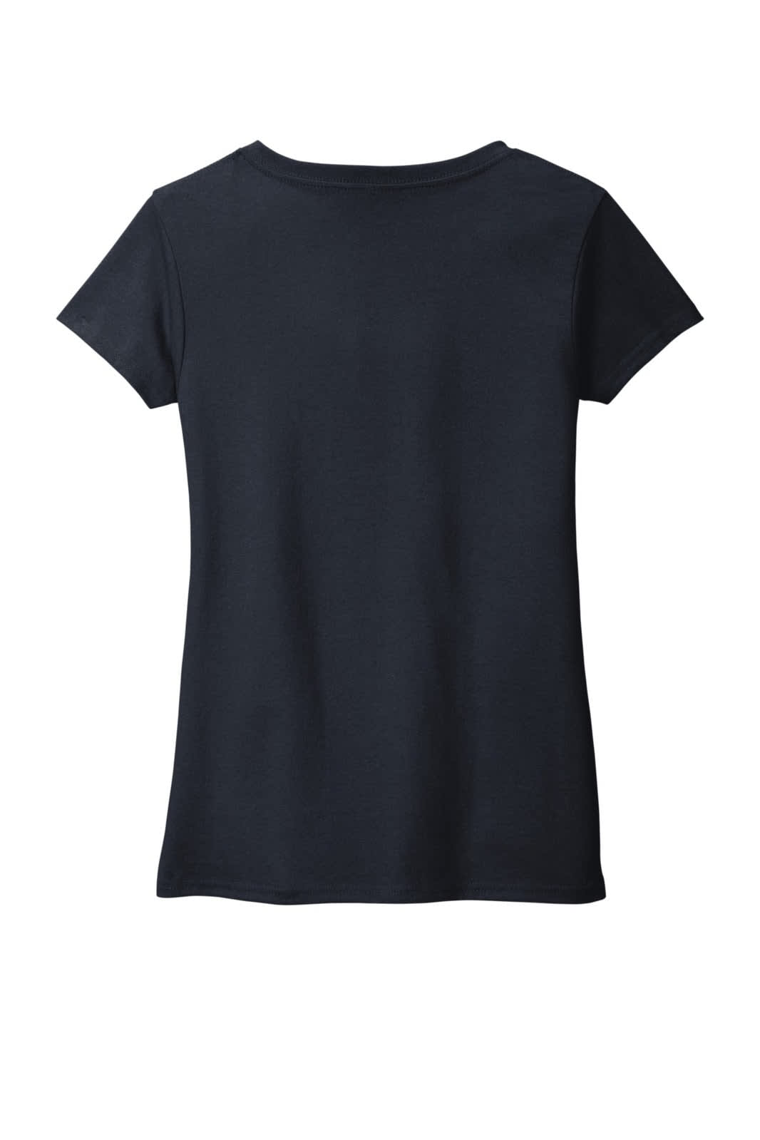 A navy blue women's V-neck T-shirt with a fitted silhouette and short sleeves, featuring a logo on the back.