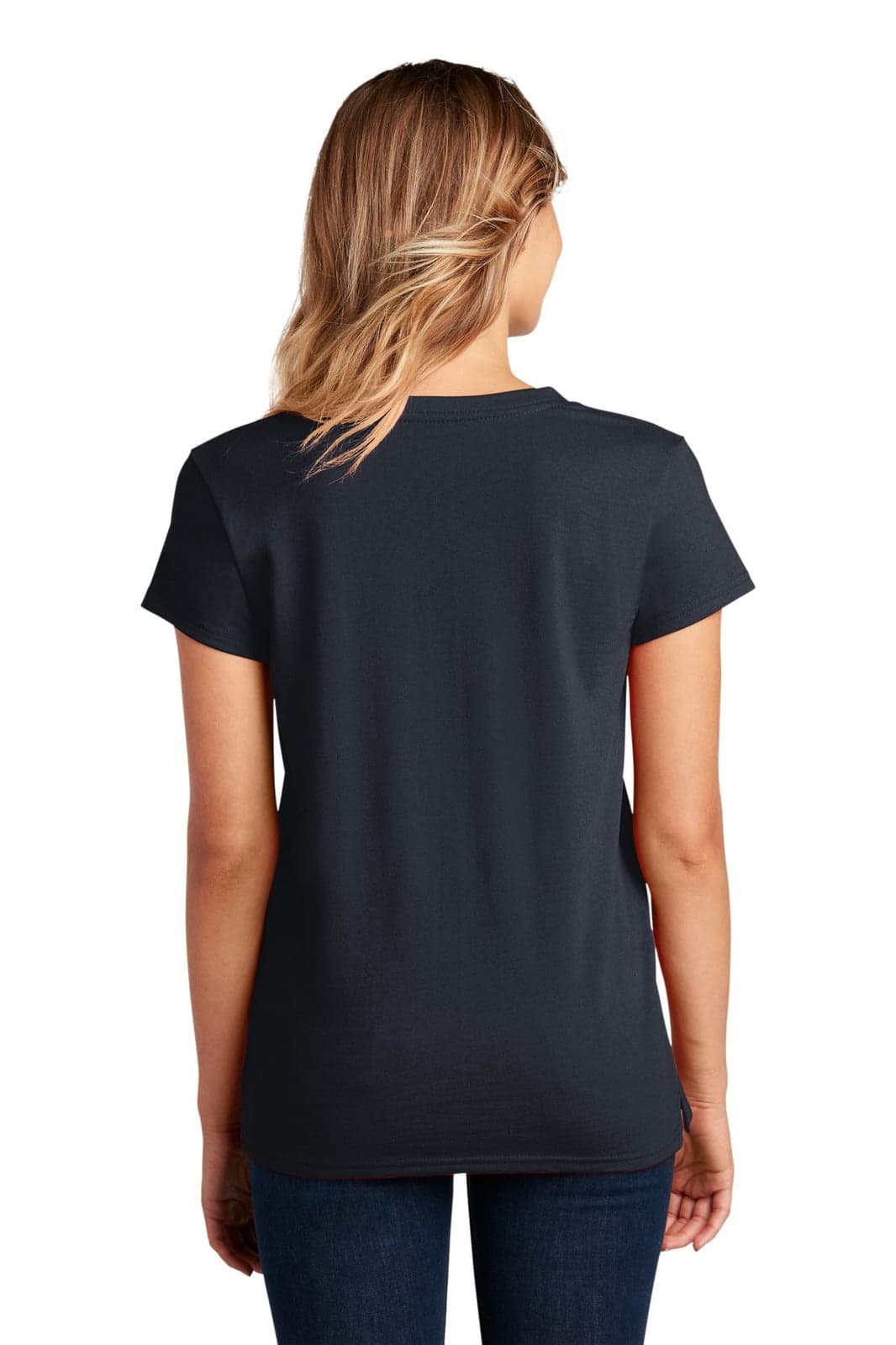 A woman is wearing a navy V-neck T-shirt, viewed from the back, featuring a logo on the shirt.
