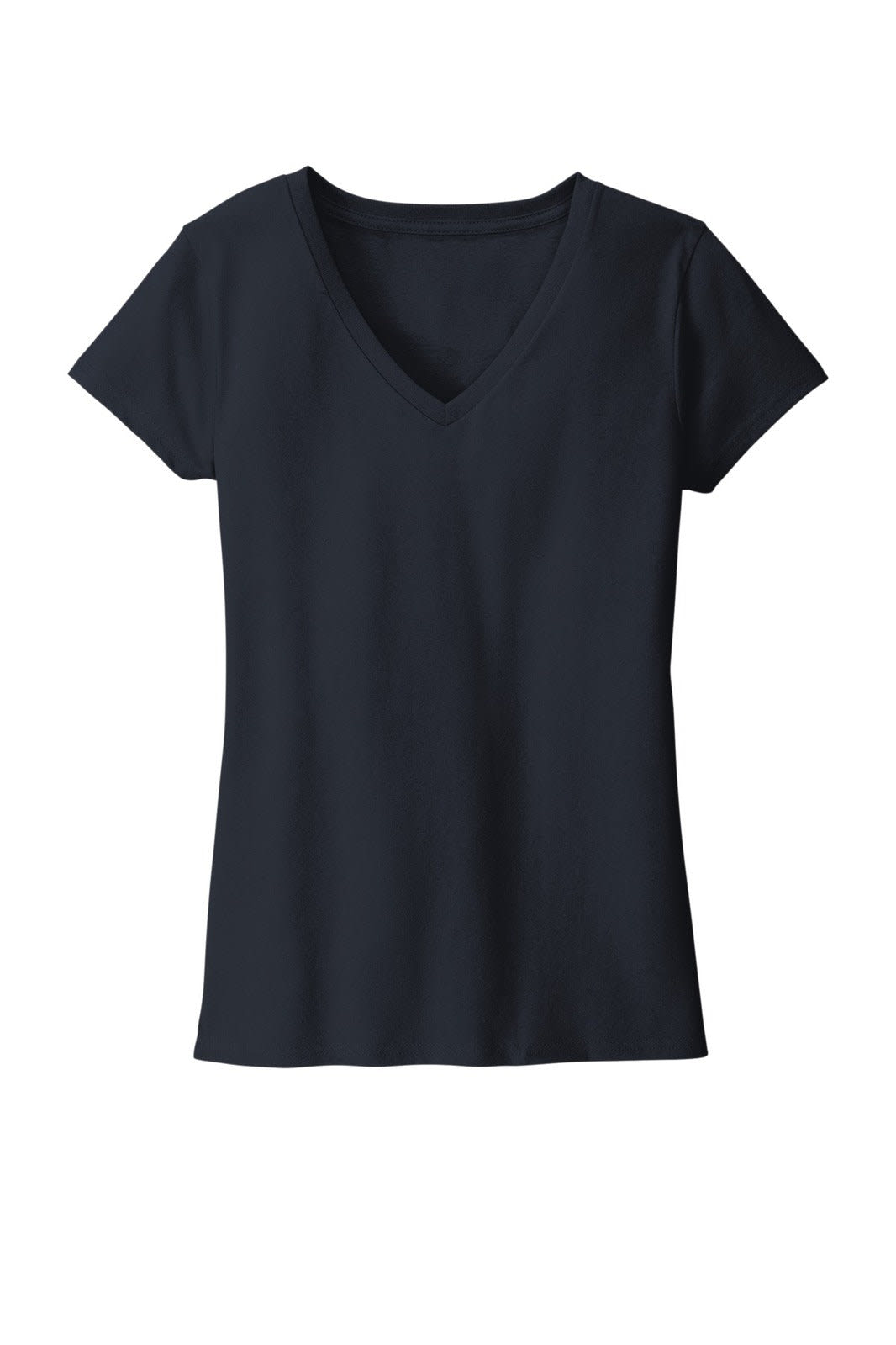 A navy V-neck women's t-shirt featuring short sleeves and a fitted design, with a brand logo present.