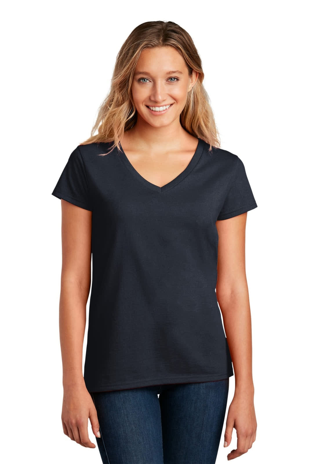 A navy V-neck t-shirt for women with a short sleeve design and a fitted shape. Includes a logo.