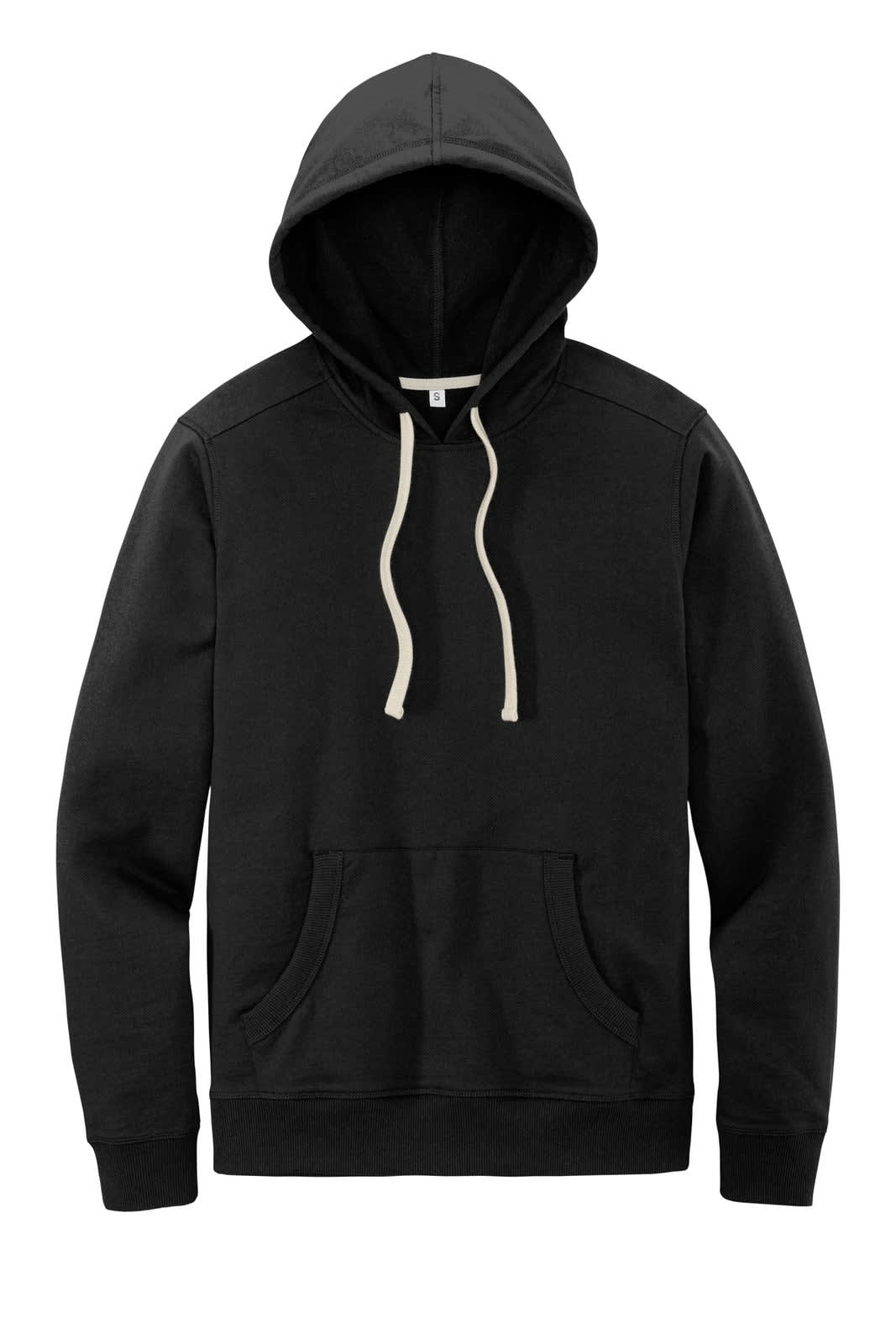 A black hoodie featuring a front pocket and a drawstring hood. It has a simple design and a logo.