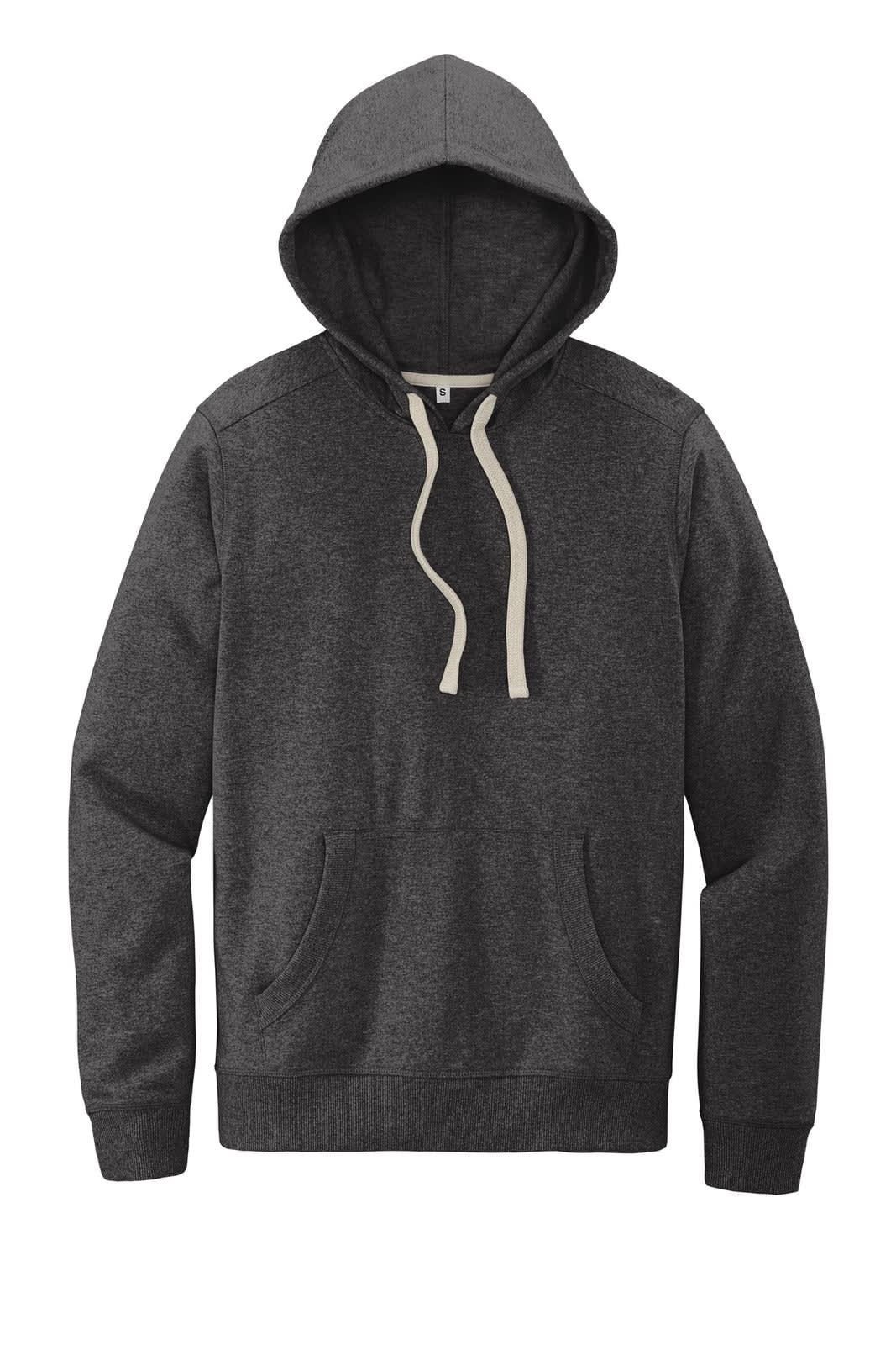 A dark grey hoodie with a front pocket and cream-coloured drawstrings. It features a logo.
