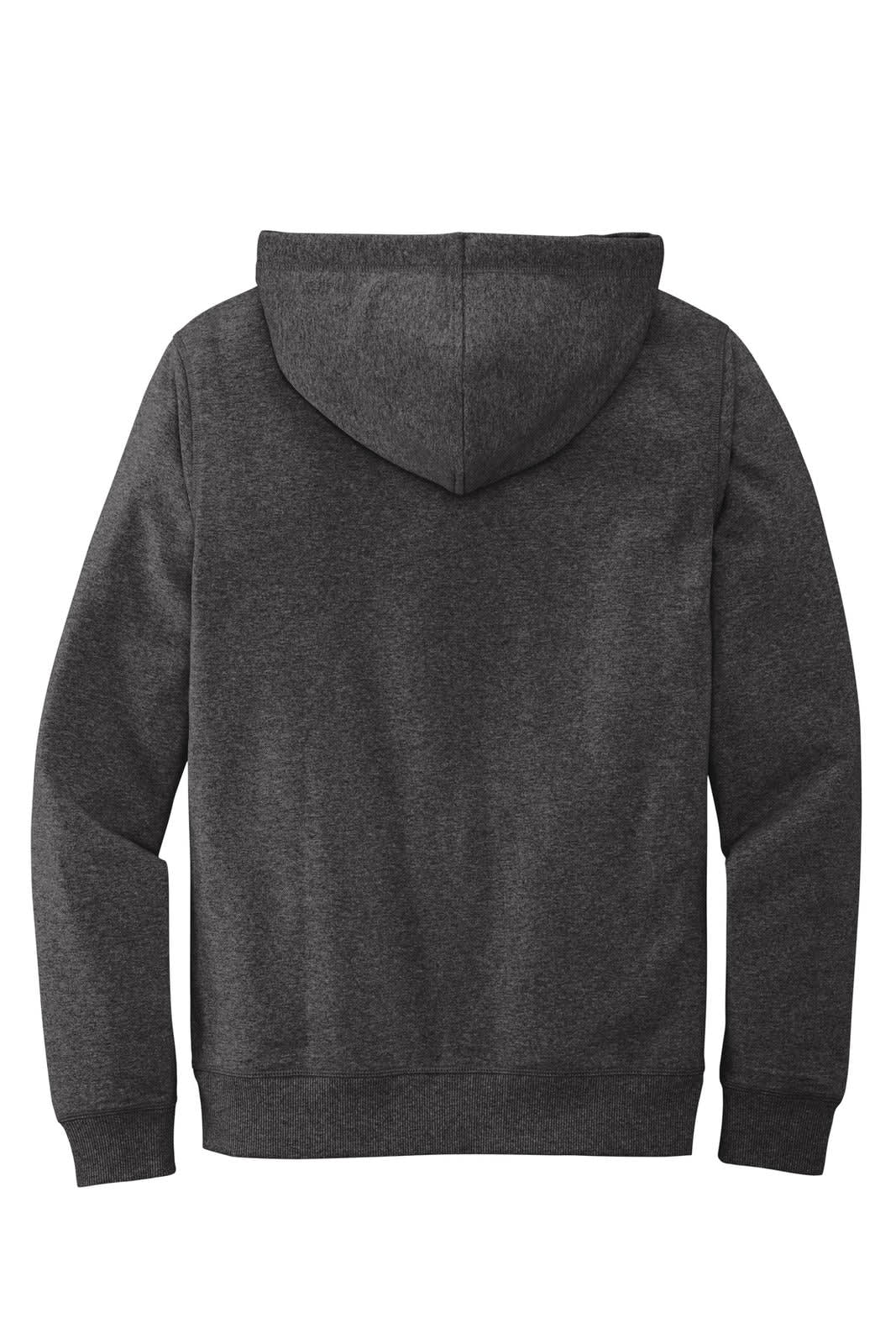 A dark grey hoodie with a drawstring hood and a plain back, featuring a logo on the lower section.