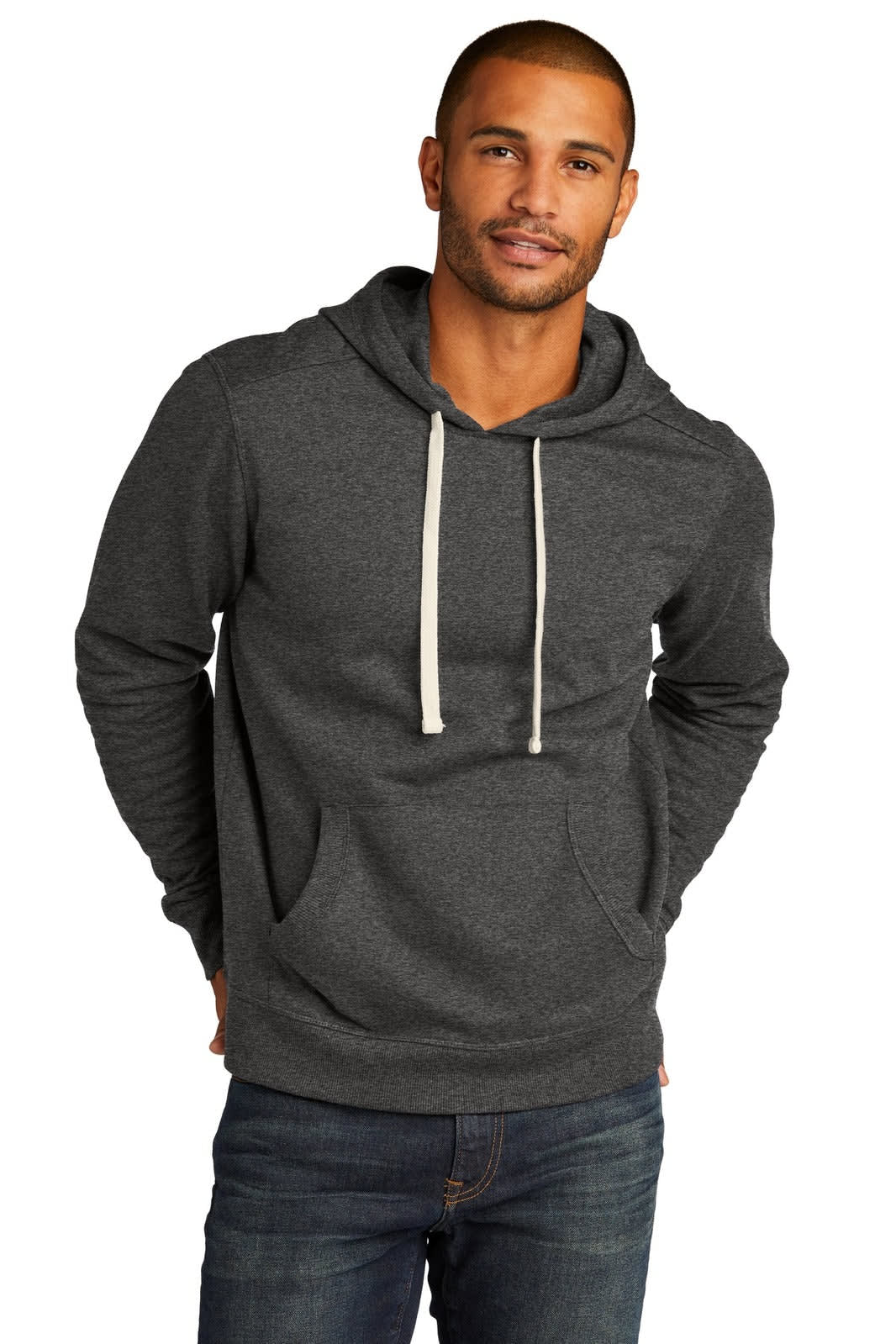 A man in a dark grey hooded jumper with a front pocket and drawstring detail, featuring a small logo.