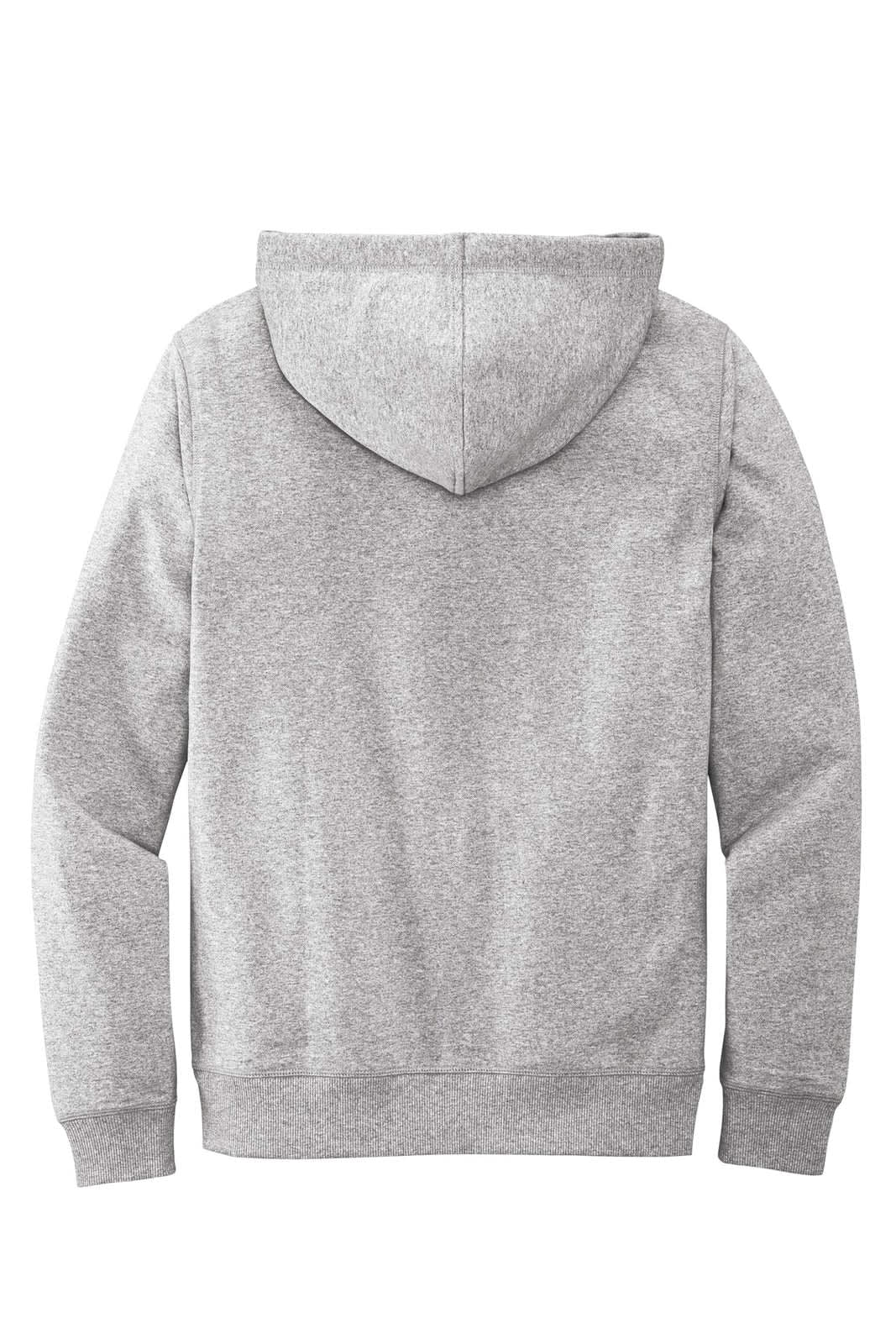 A grey hoodie with a back view showcasing its hood and long sleeves. It features a branding logo.