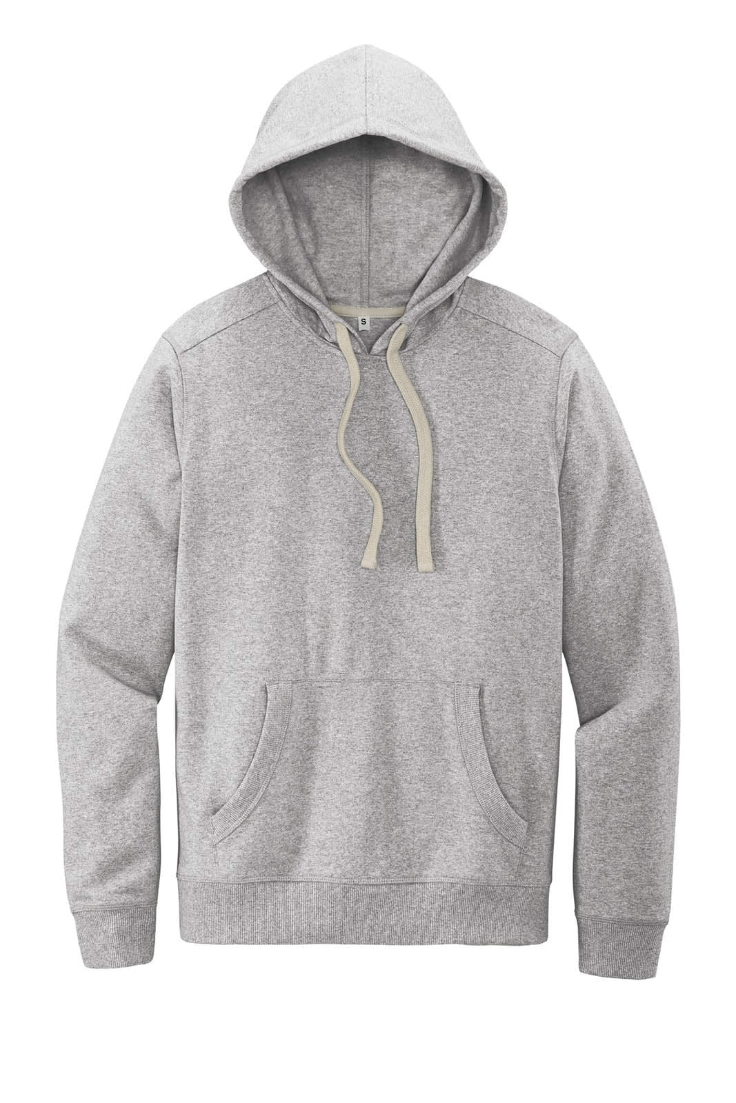 A grey hoodie with a drawstring, front pocket, and a hood. Features a logo on the chest area.