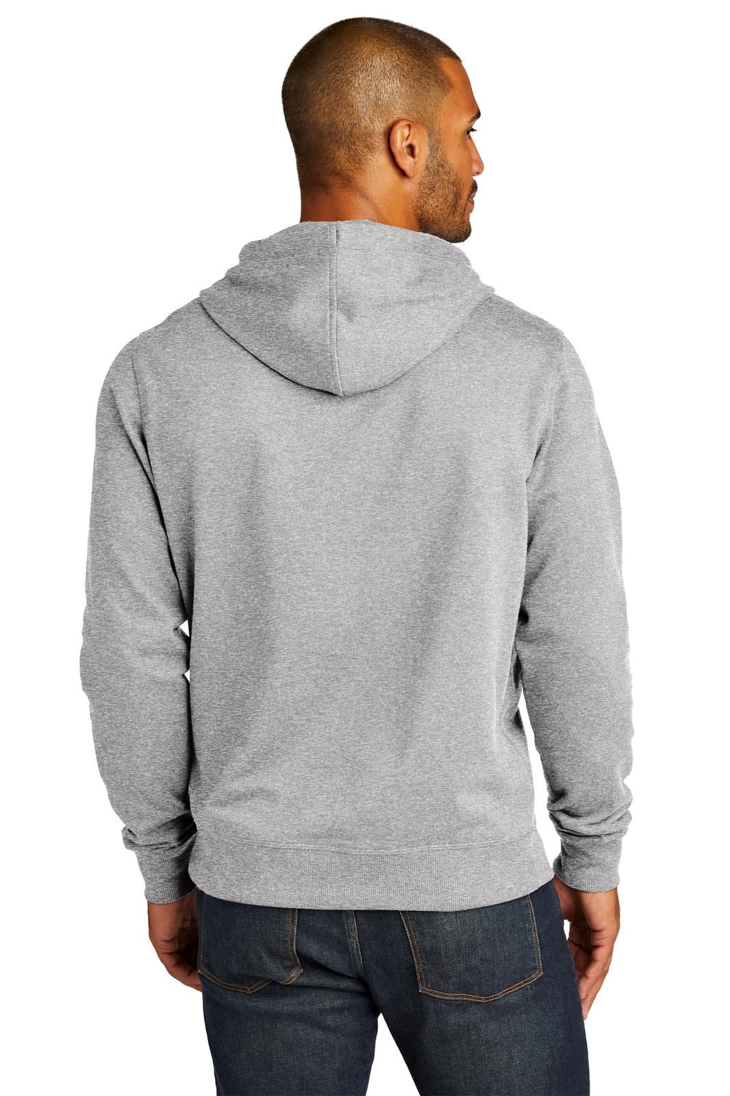A grey hoodie with a fitted silhouette, featuring a hood and long sleeves, shown from the back.