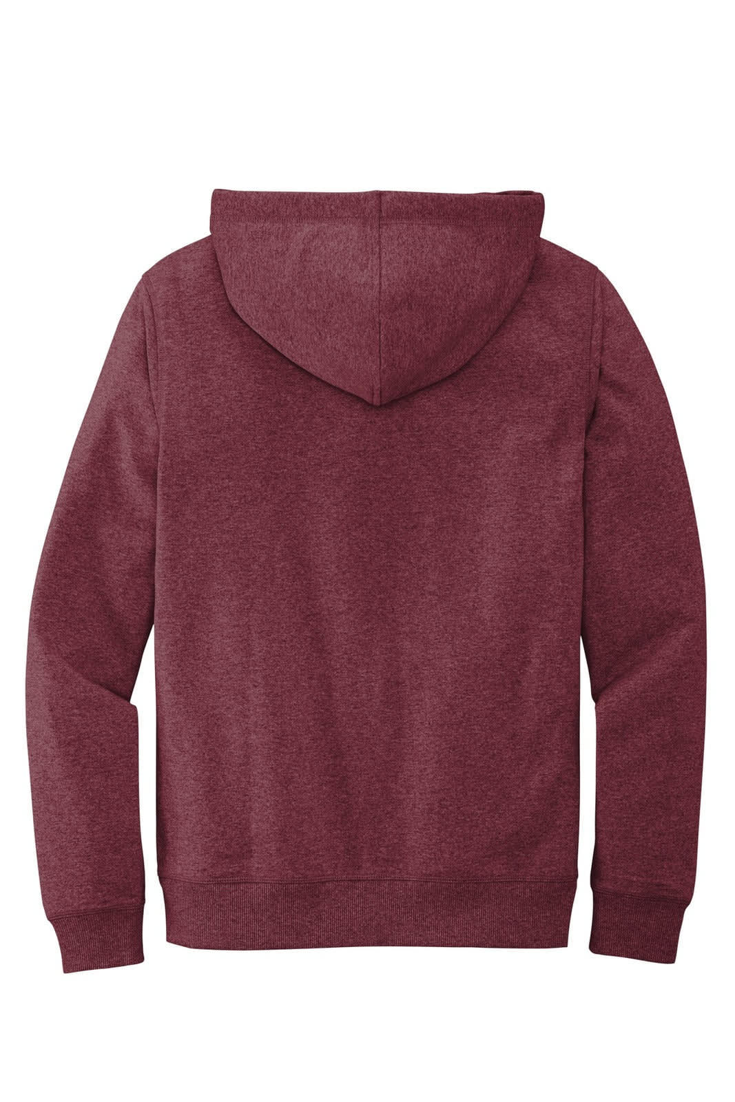 A maroon hoodie with a kangaroo pocket and a hood, featuring a branding logo.