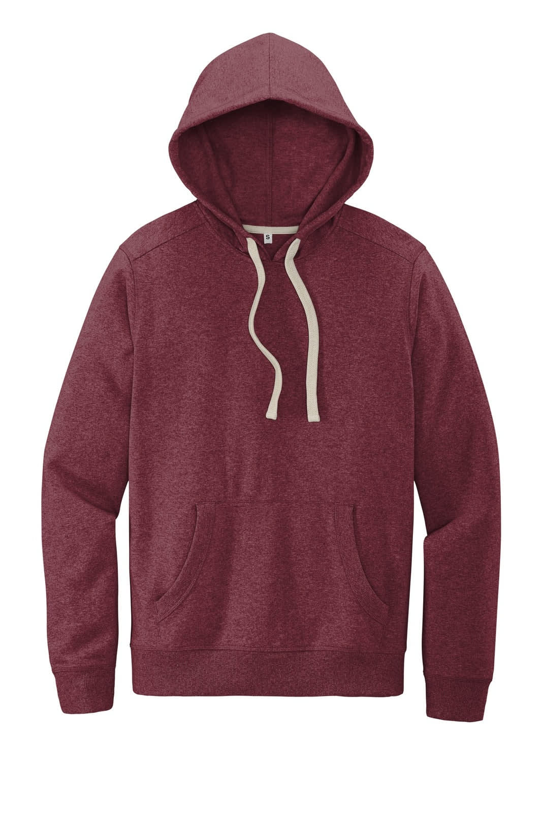A maroon hoodie featuring a front pocket and drawstring hood, with a logo on the chest area.