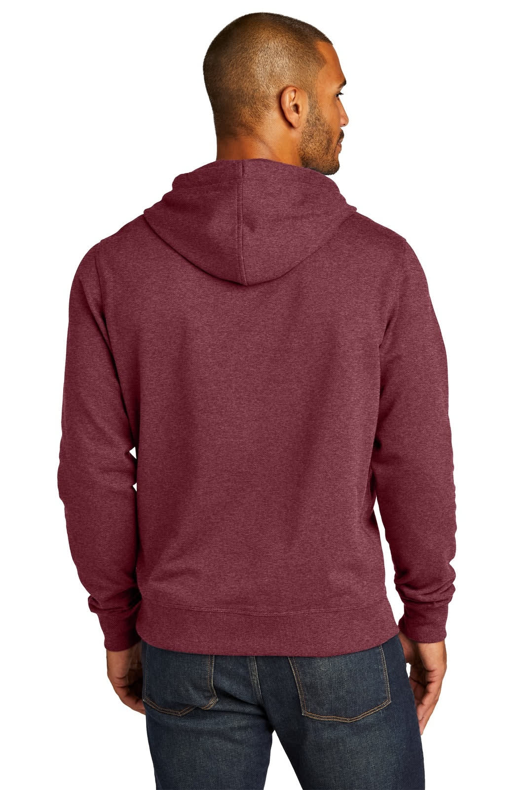 A maroon District Re-Fleece Hoodie with a logo, viewed from the back, paired with denim jeans.
