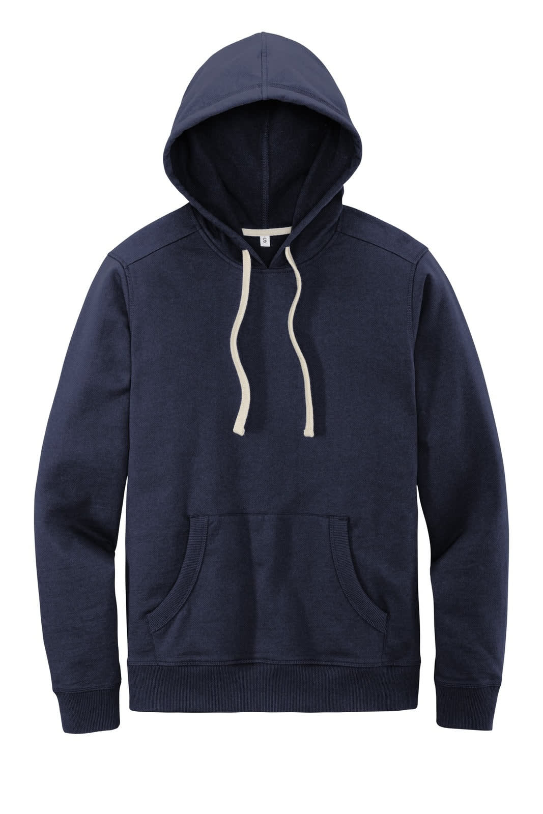 A navy blue hoodie featuring a front pocket and a drawstring hood. It has a logo on the chest area.
