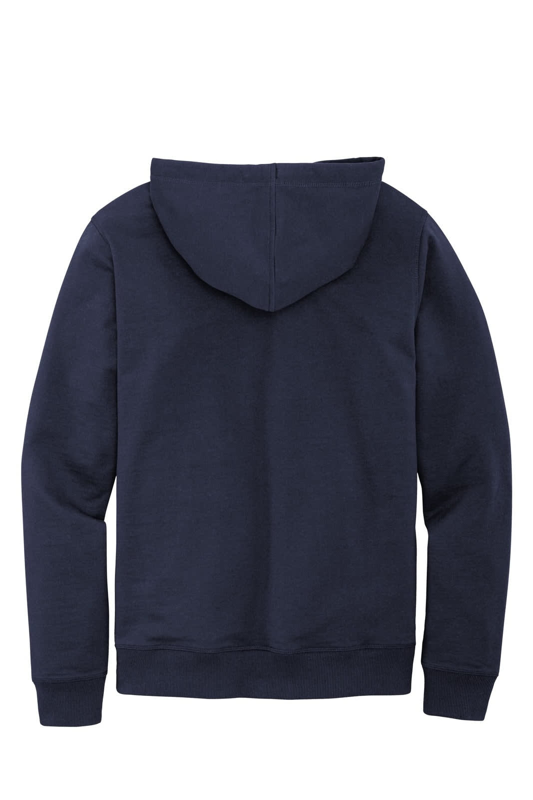 A navy blue hoodie featuring a hood and long sleeves, with a simple design on the back. It includes a logo.