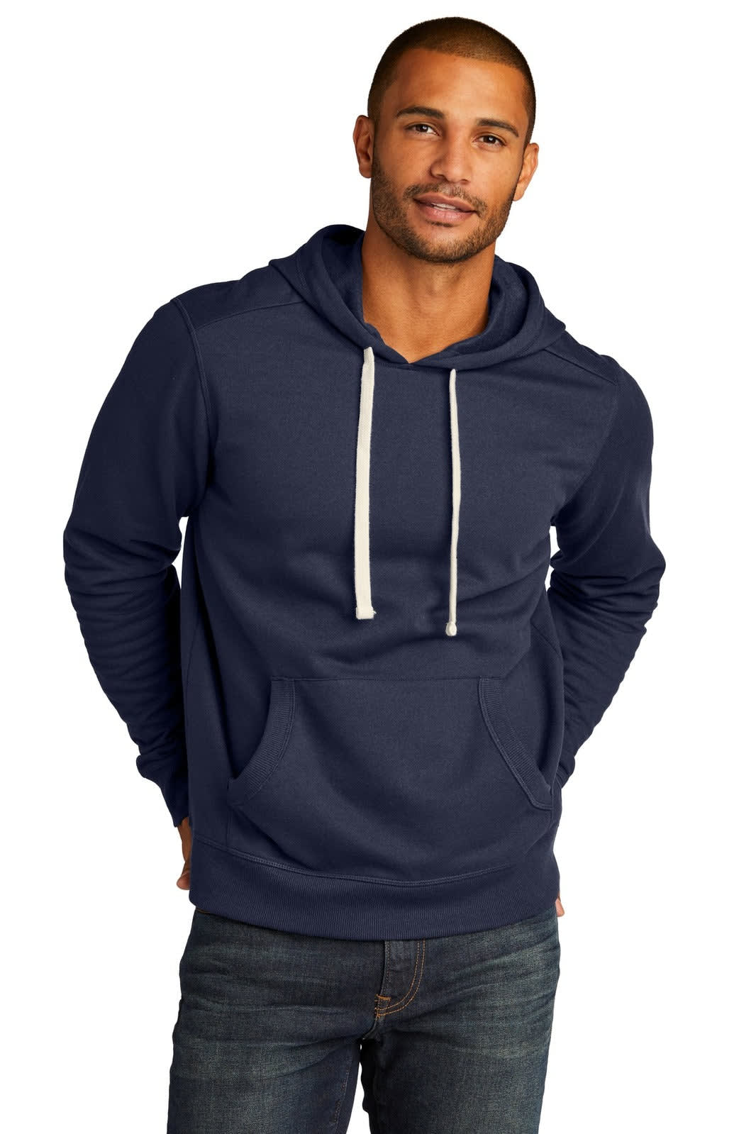 A navy blue hoodie with a front pocket and drawstrings, featuring a logo. Model shown wearing it.
