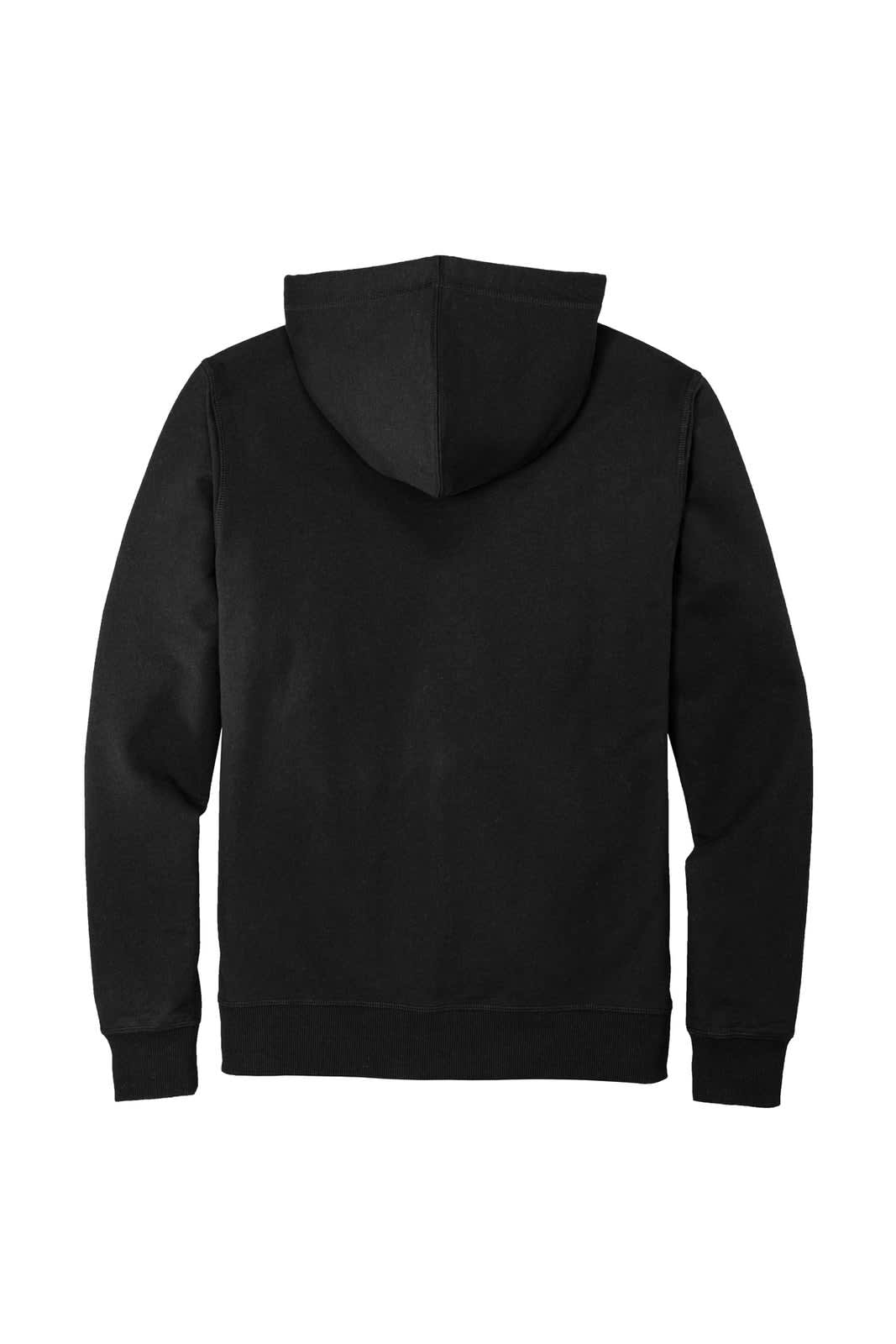A black District Re-Fleece Full-Zip Hoodie with a hood, featuring a plain back view.