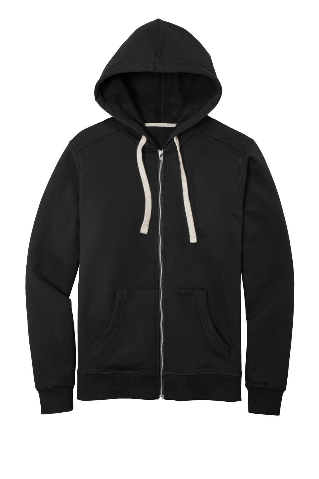 A black full-zip hoodie with a hood, featuring a front pocket and drawstrings. It has a logo on it.