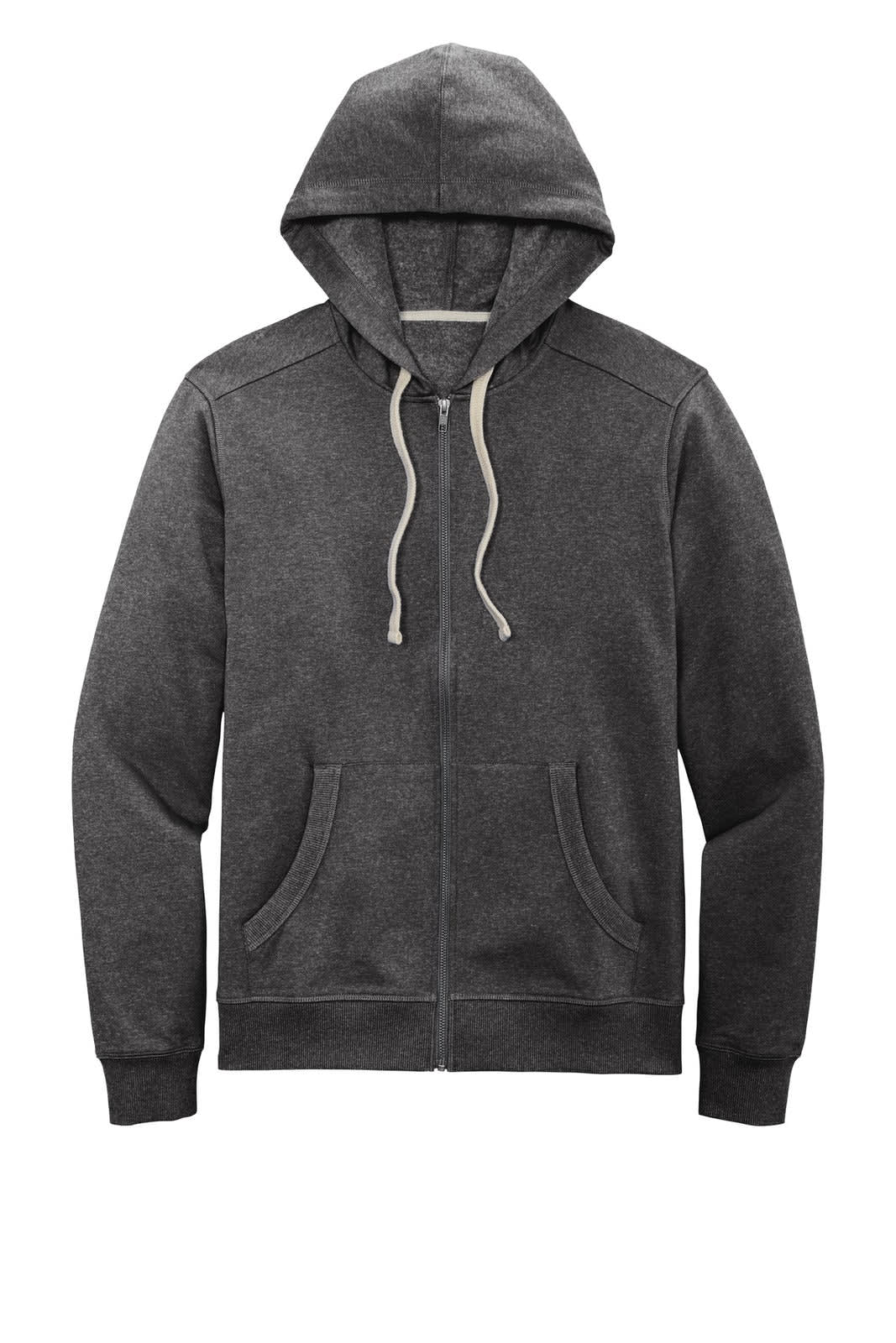 A dark grey full-zip hoodie with a hood and front pockets, featuring a branded logo.