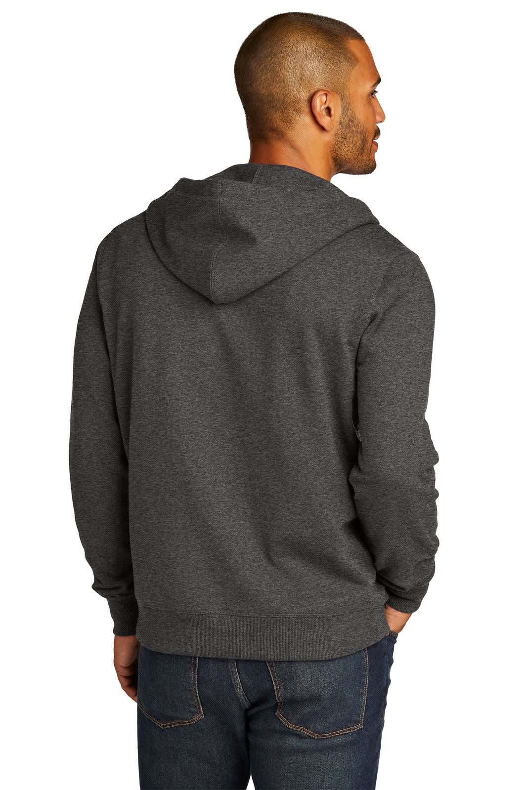 A grey full-zip hoodie with a hood, featuring a logo, viewed from the back.