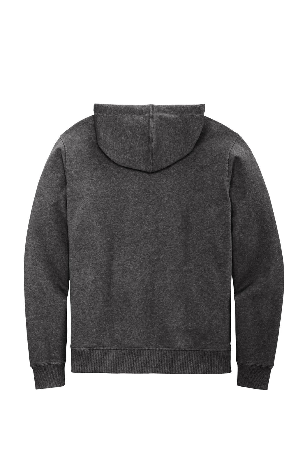 A grey full-zip hoodie with a hood, featuring a logo on the back.