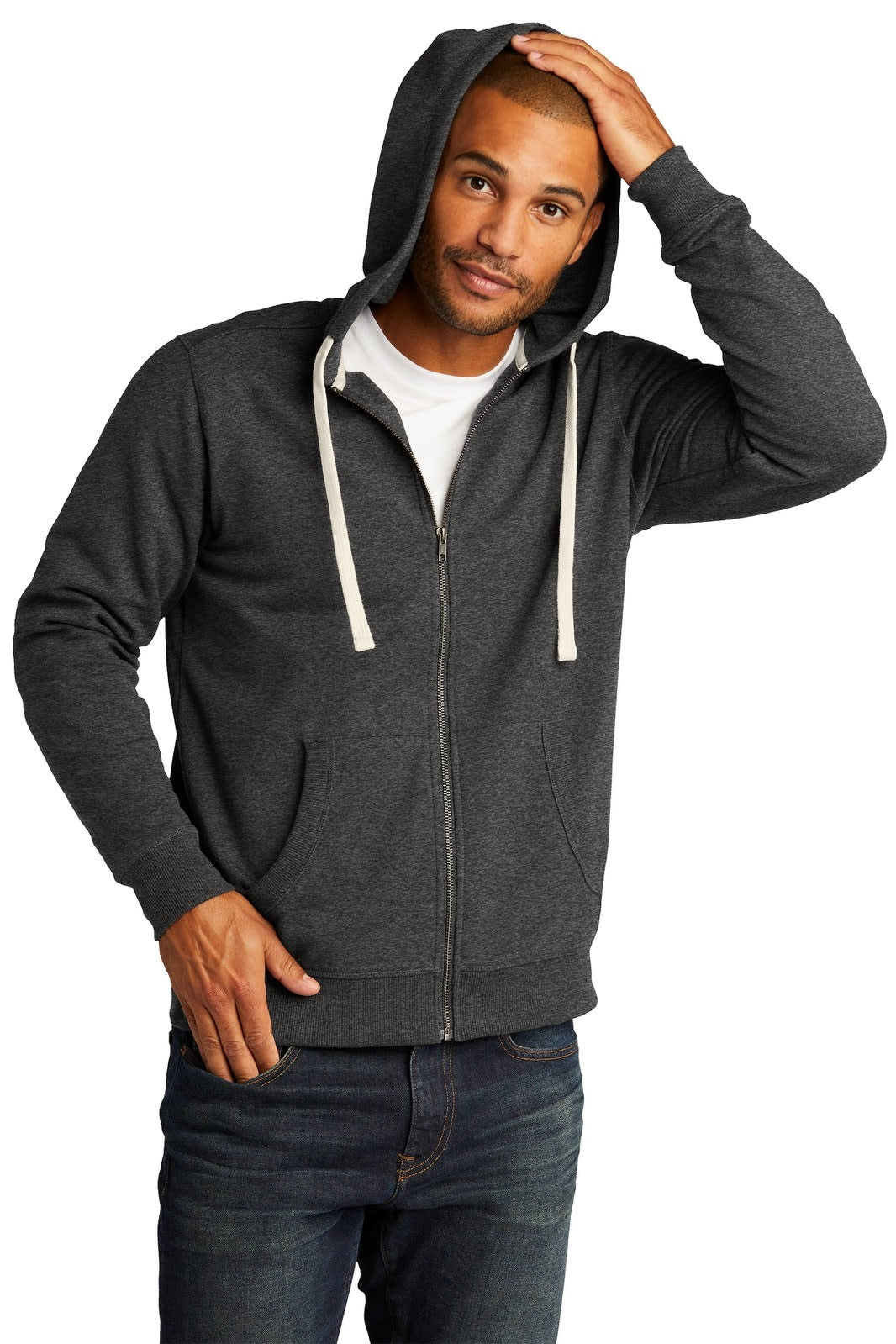 A grey full-zip hoodie with a hood and drawstrings, worn by a male model, featuring a logo.