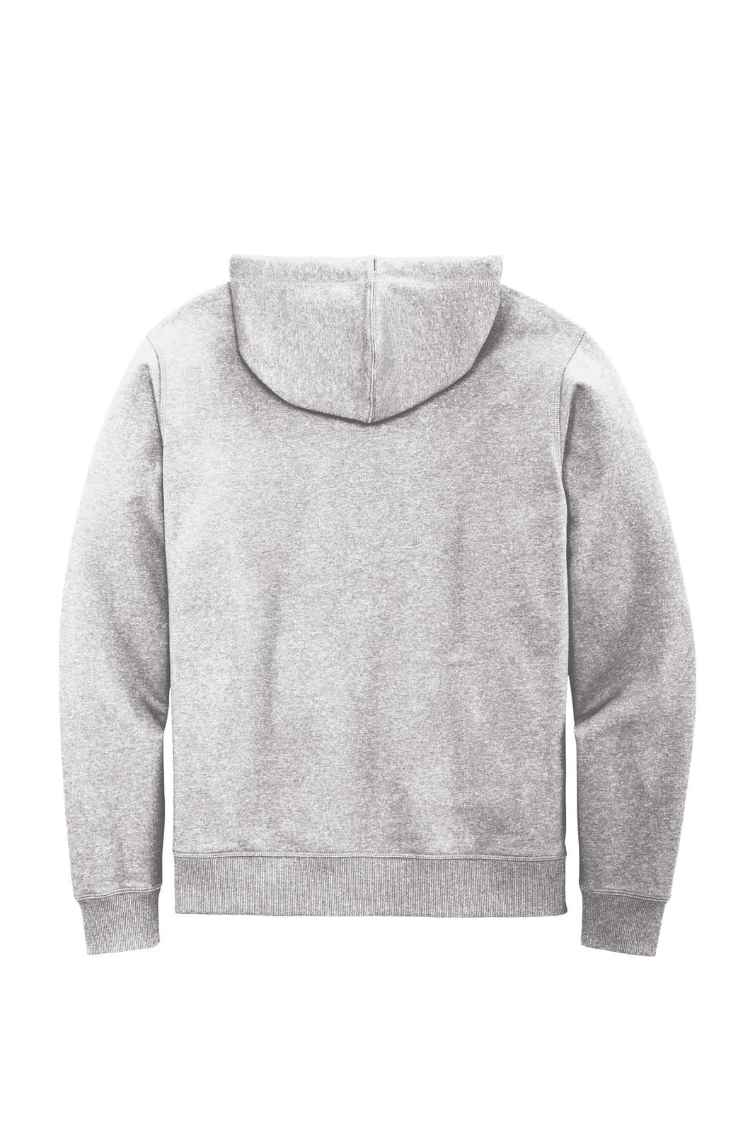 A grey full-zip hoodie with a hood, featuring a solid colour and a subtle texture. It has a logo on it.