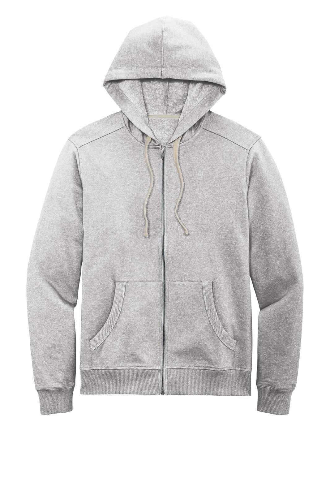 A grey full-zip hoodie featuring a hood and front pockets, with a logo on the design.
