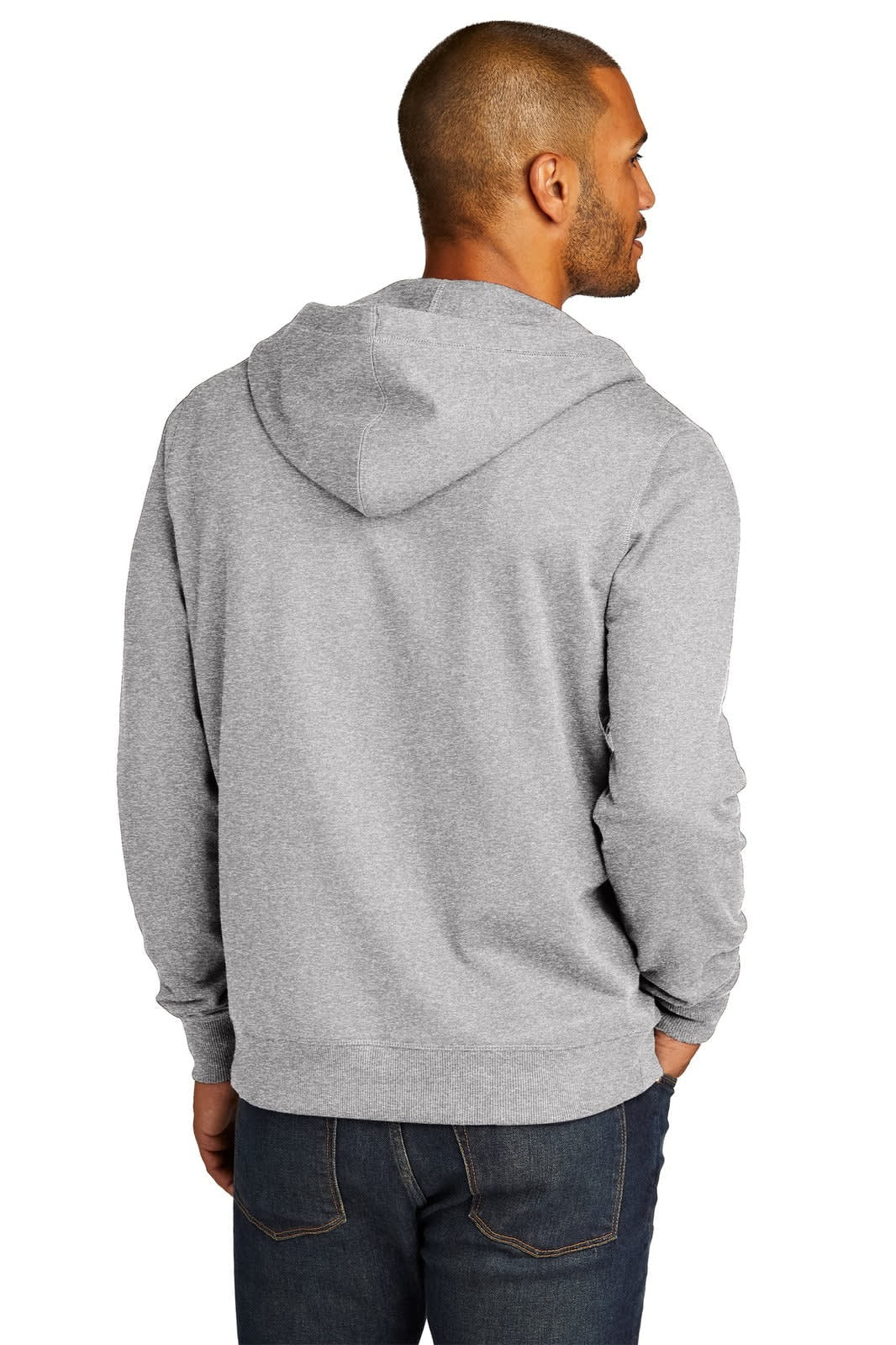 A grey full-zip hoodie with a hood, featuring a subtle logo, viewed from the back.