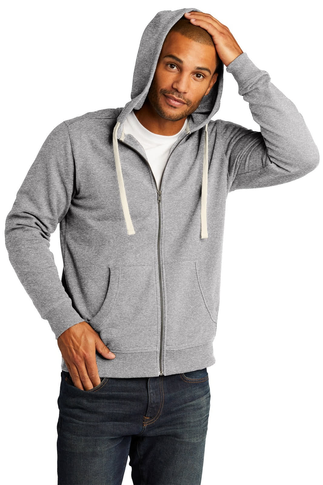 A grey full-zip hoodie with a hood, featuring a zip closure and two front pockets. The model is wearing it casually.