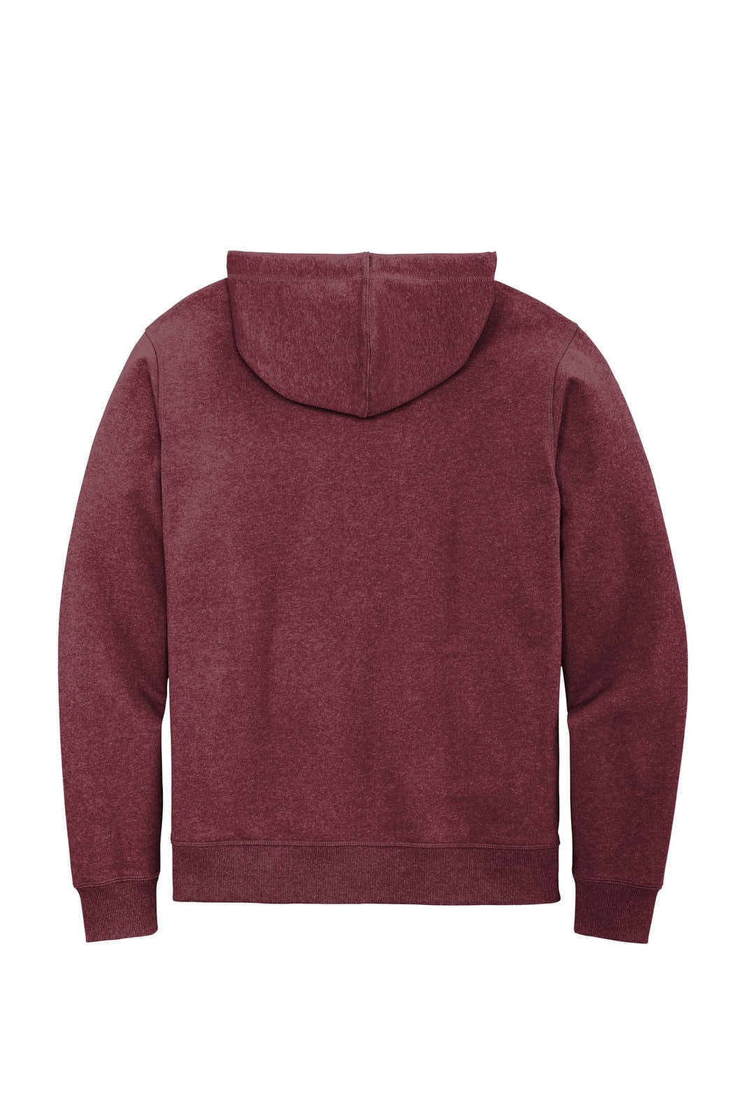A maroon full-zip hoodie featuring a hood and a logo on the back. Perfect for casual wear.