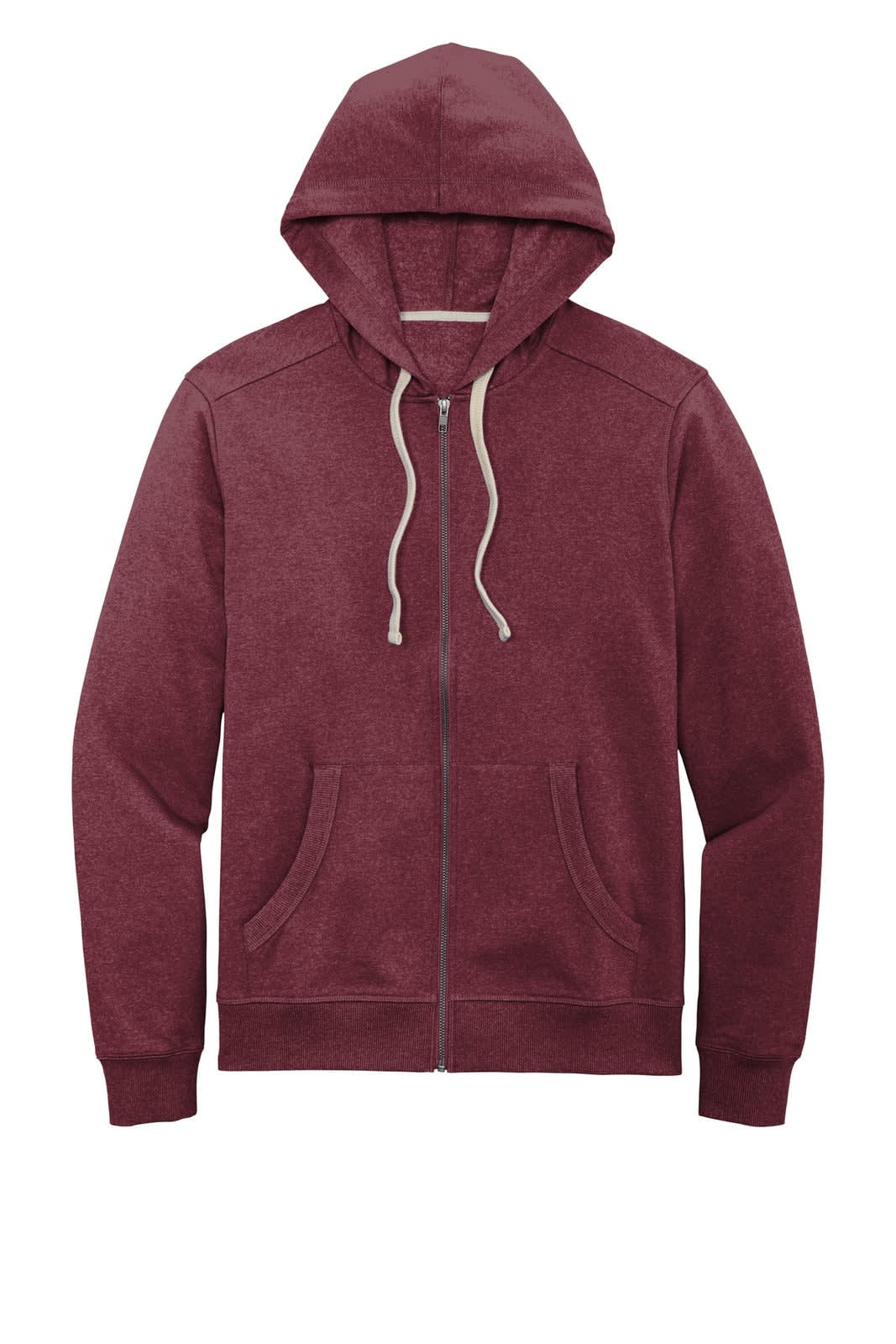 A maroon full-zip hoodie with a hood, featuring pockets and drawstrings. It has a logo on it.