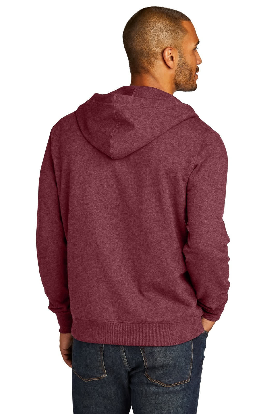A maroon full-zip hoodie with a hood and a logo on the back, worn by a man facing away.